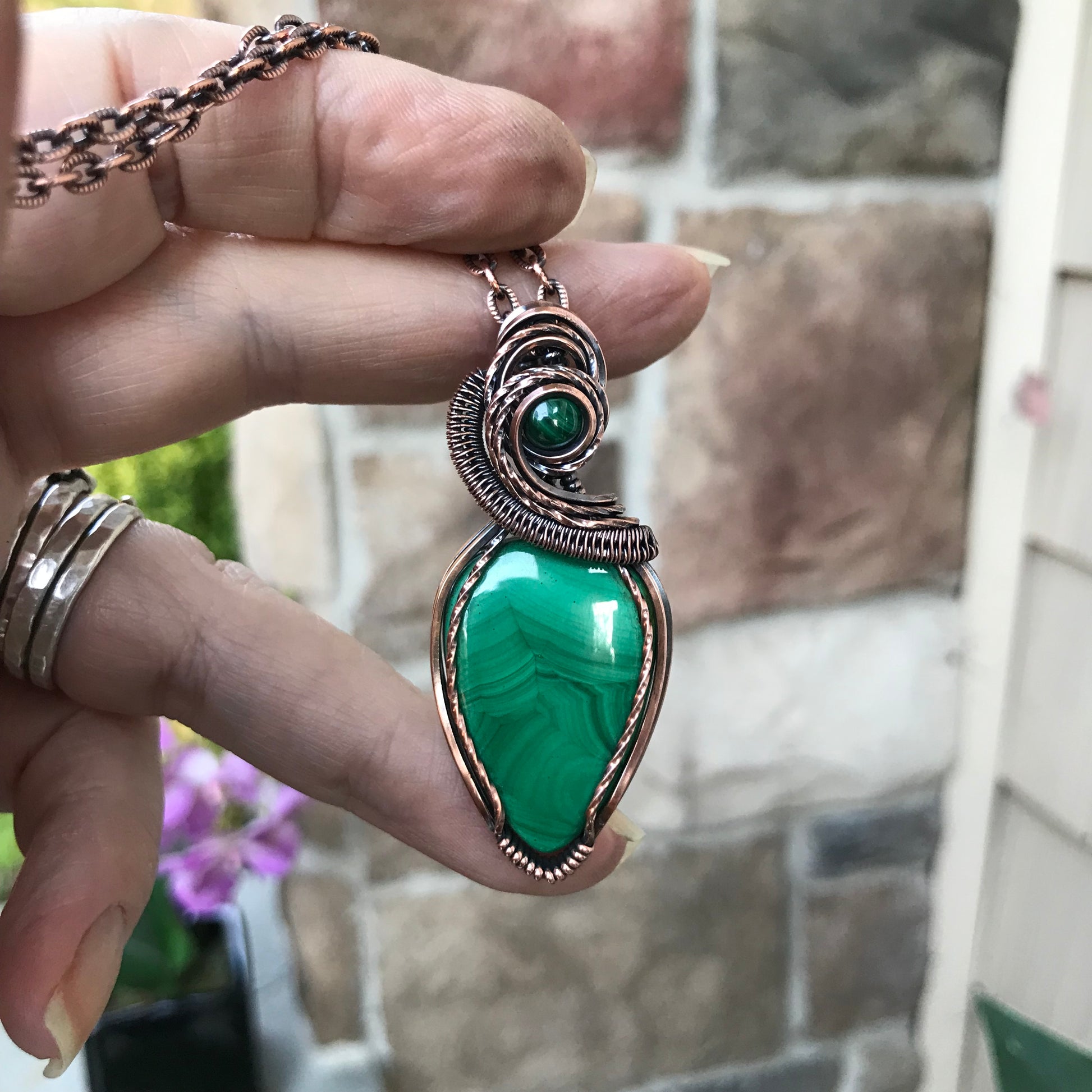 Malachite w/Malachite Accent Copper Teardrop Pendant