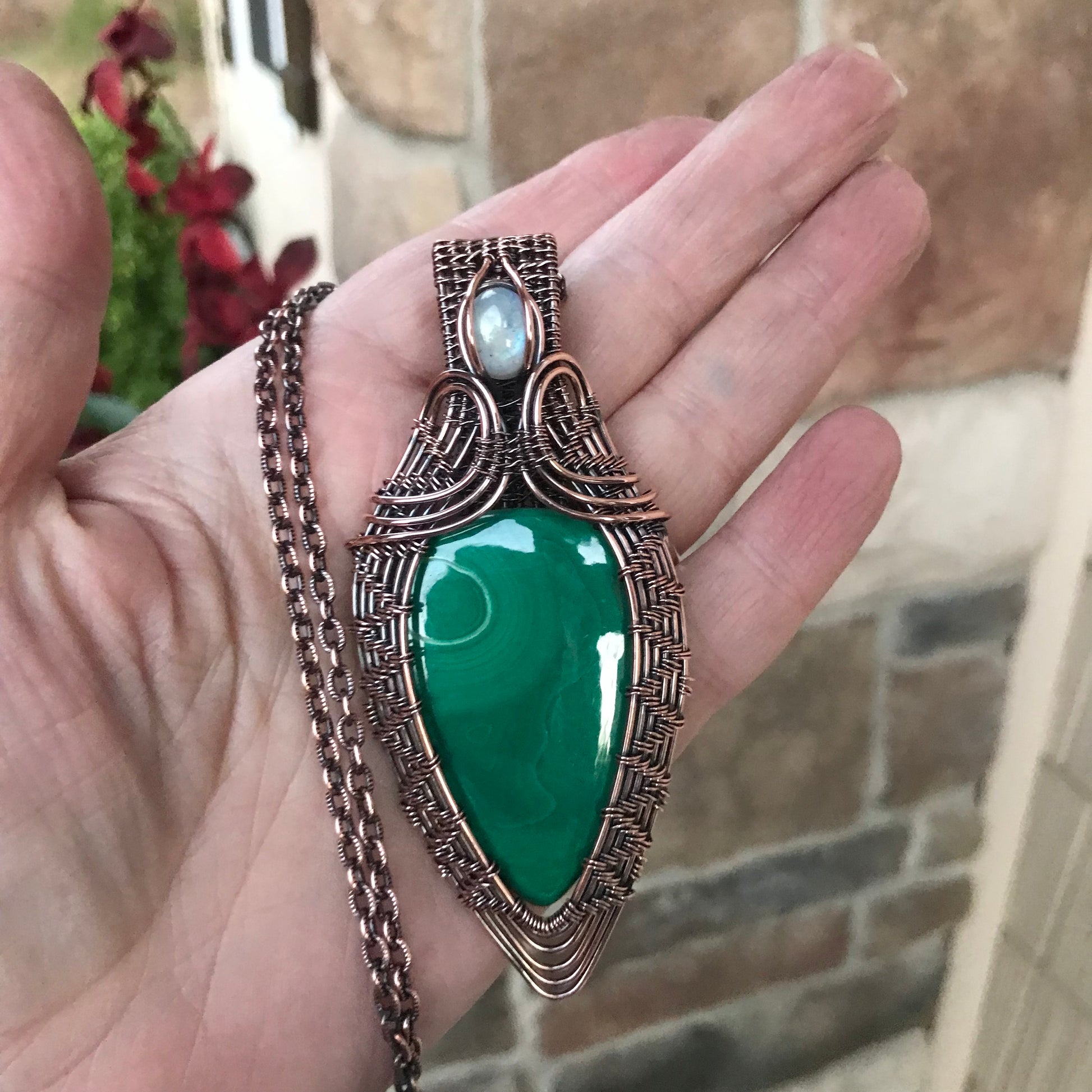 Malachite & Moonstone Woven Copper Pendant