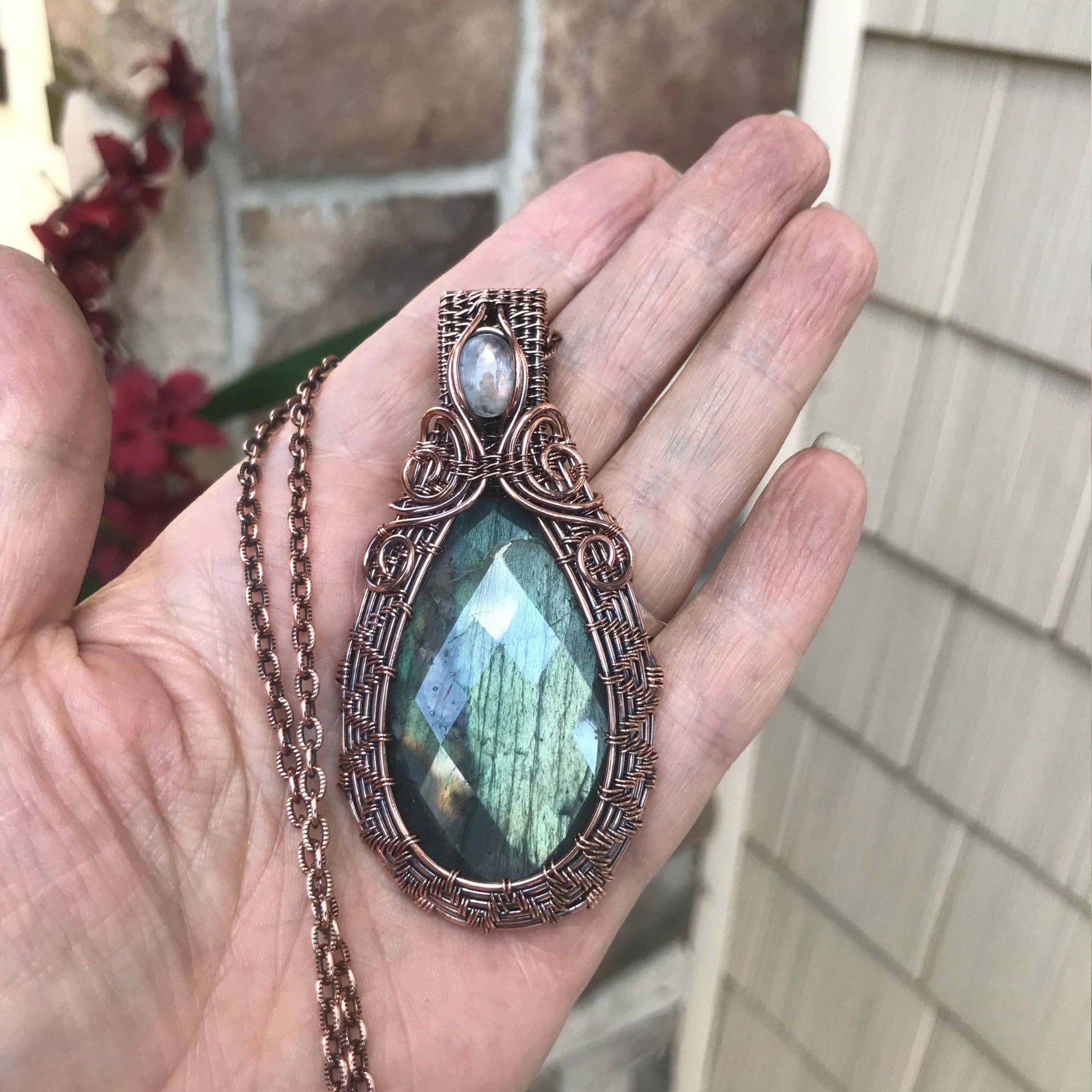 Sage Green Faceted Labradorite &  Moonstone Accent Woven Copper Pendant