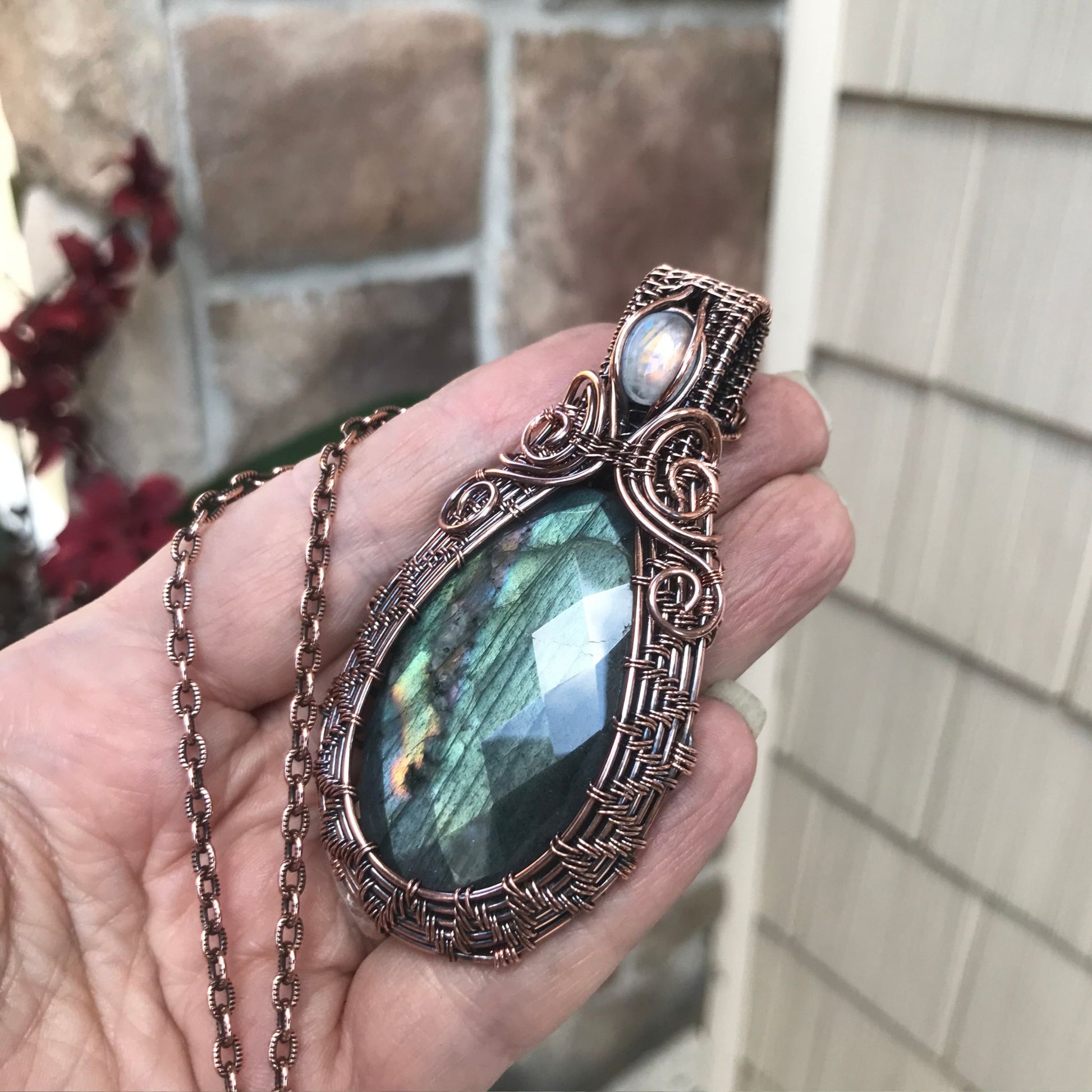 Sage Green Faceted Labradorite &  Moonstone Accent Woven Copper Pendant