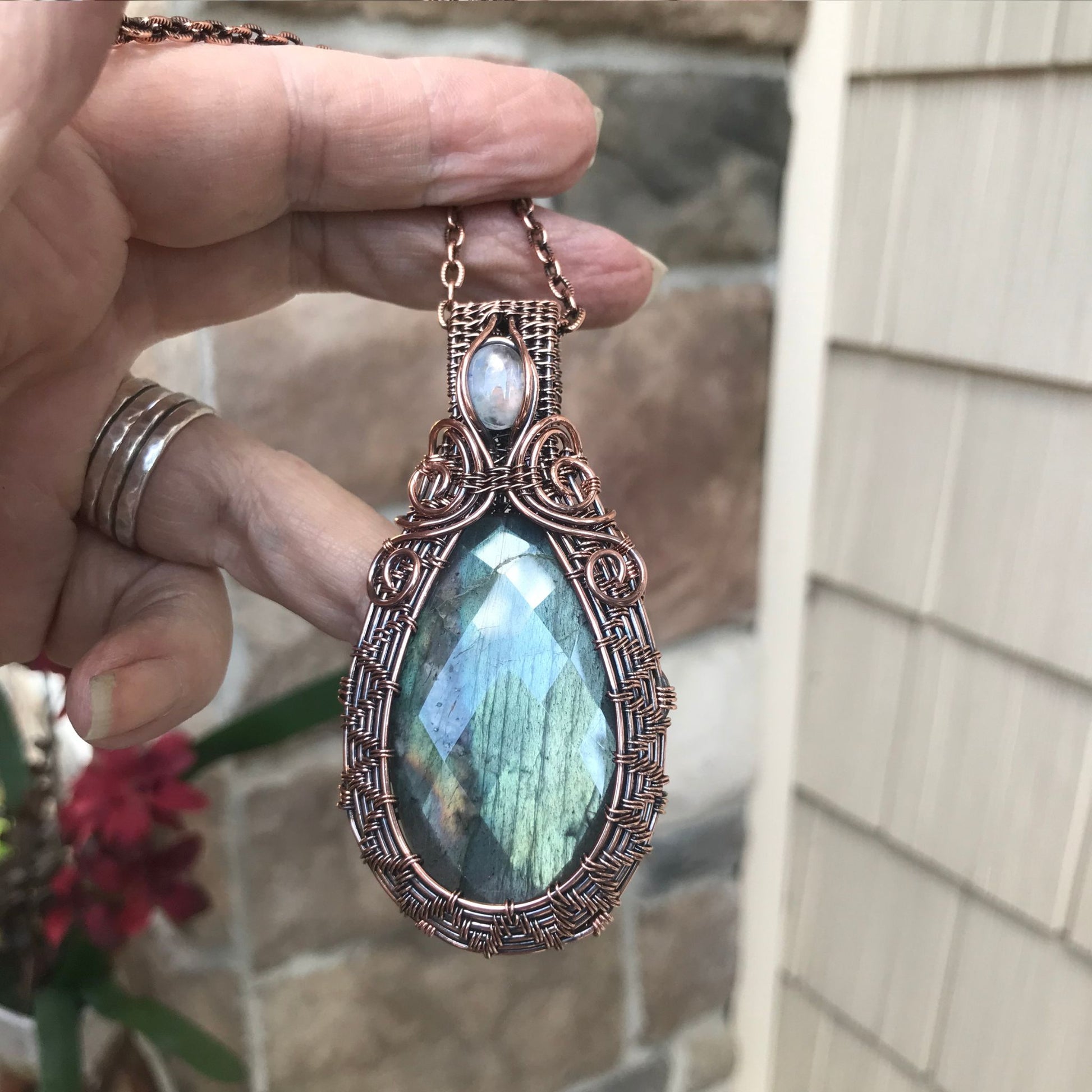 Sage Green Faceted Labradorite &  Moonstone Accent Woven Copper Pendant