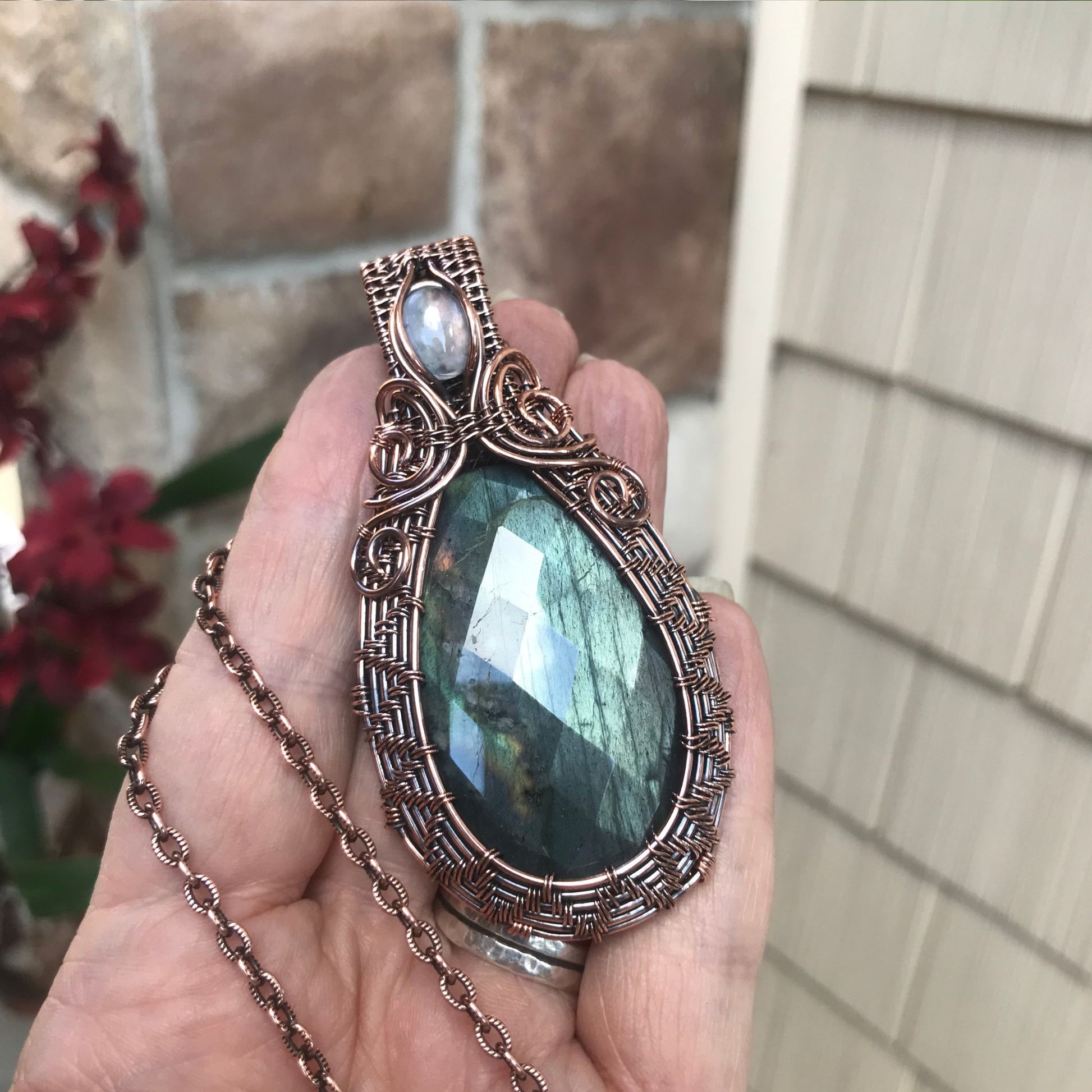 Sage Green Faceted Labradorite &  Moonstone Accent Woven Copper Pendant