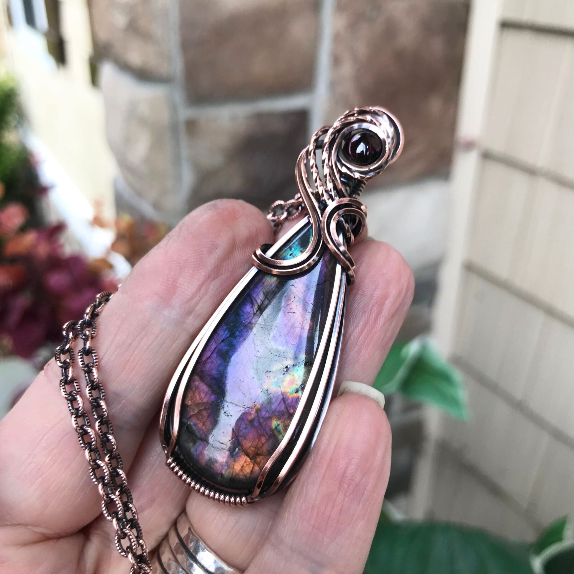 Purple Amber Labradorite & Garnet Copper Necklace