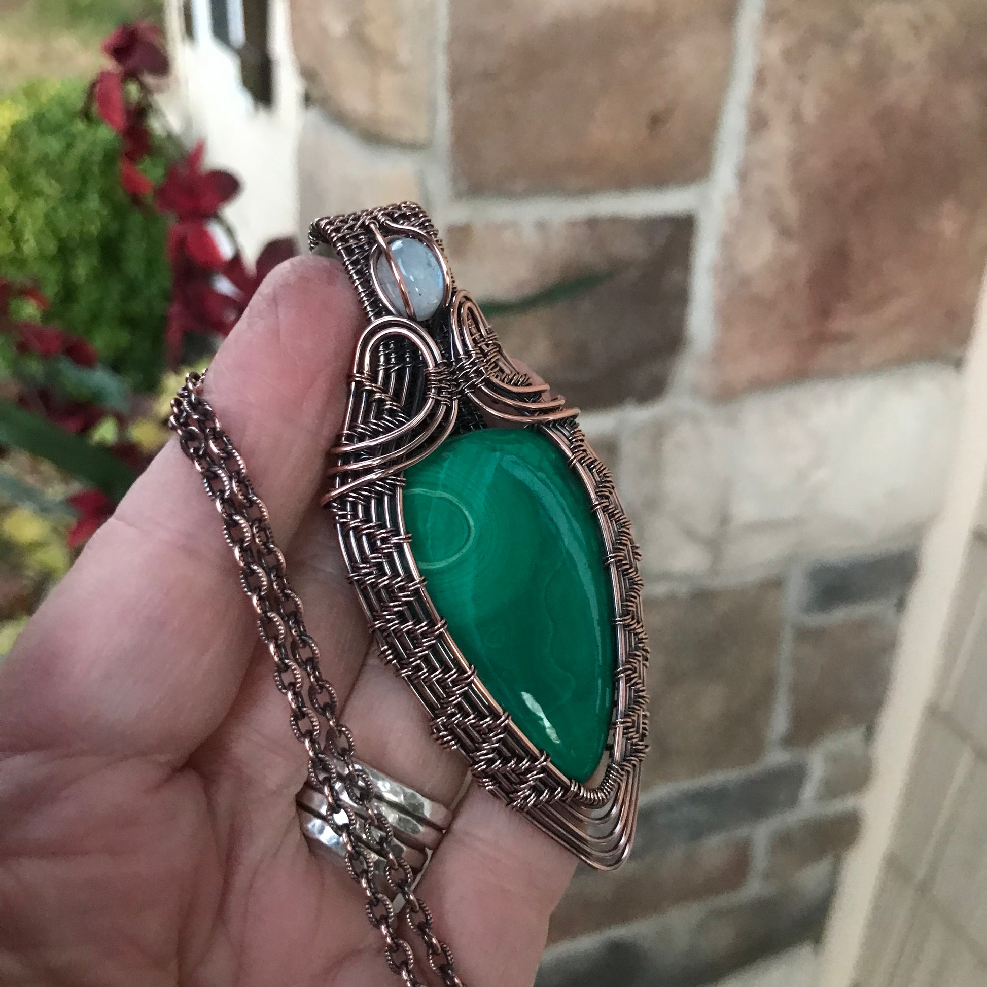 Malachite & Moonstone Woven Copper Pendant