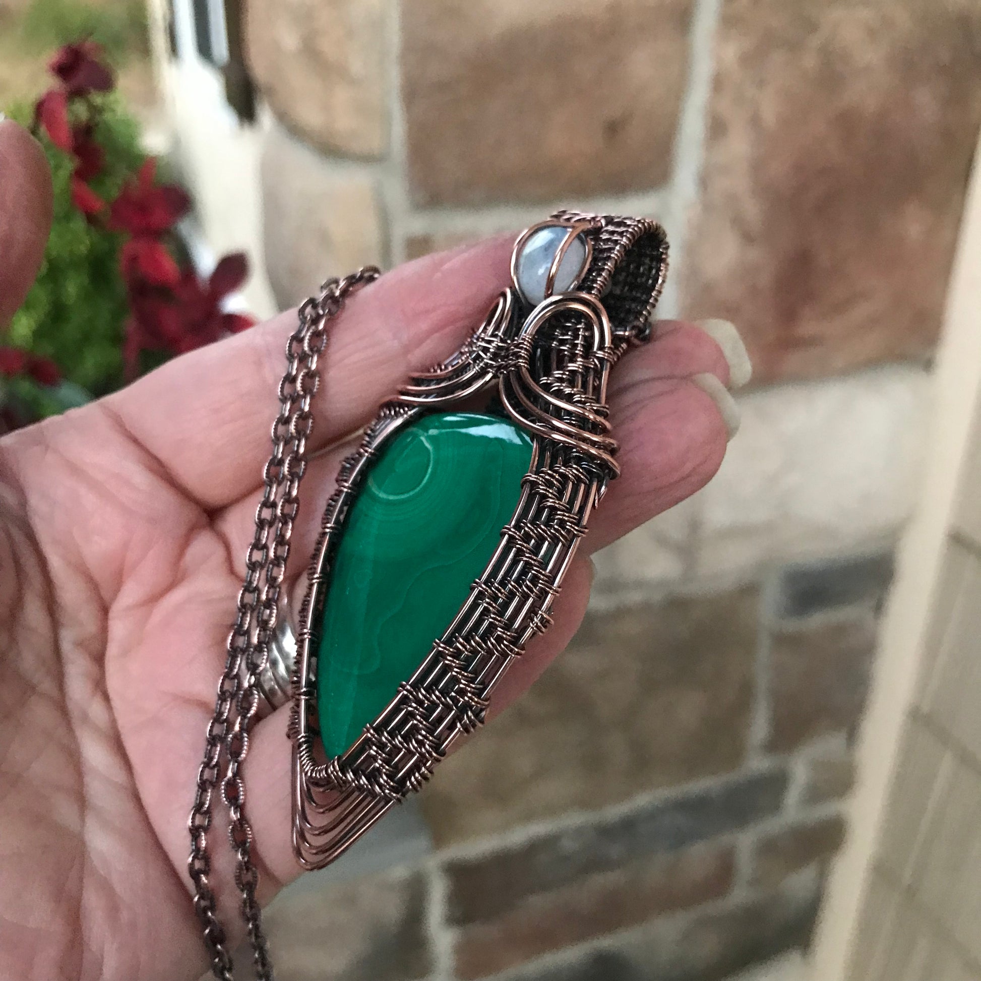 Malachite & Moonstone Woven Copper Pendant