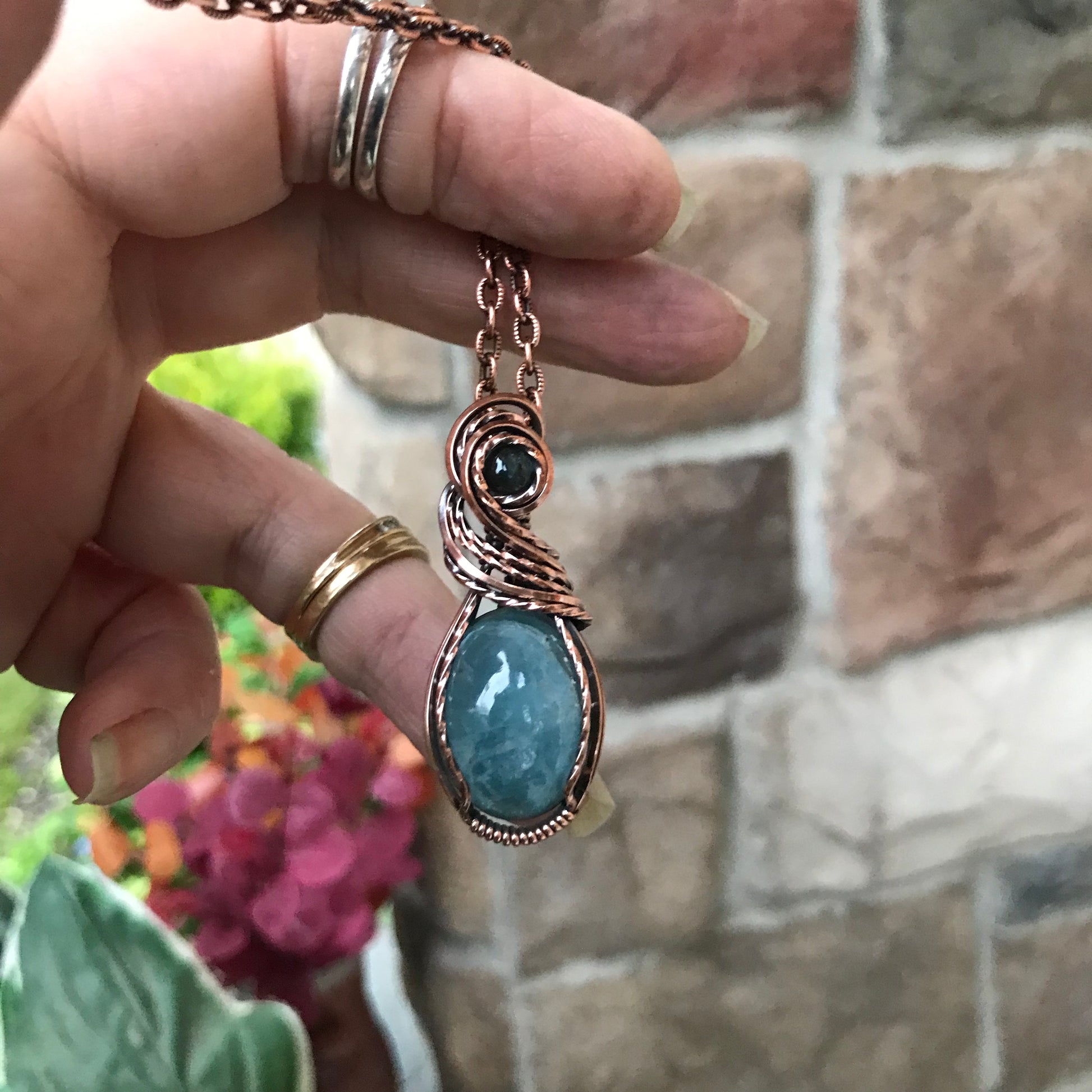 Aquamarine & Labradorite Wire Wrapped Copper Pendant Necklace