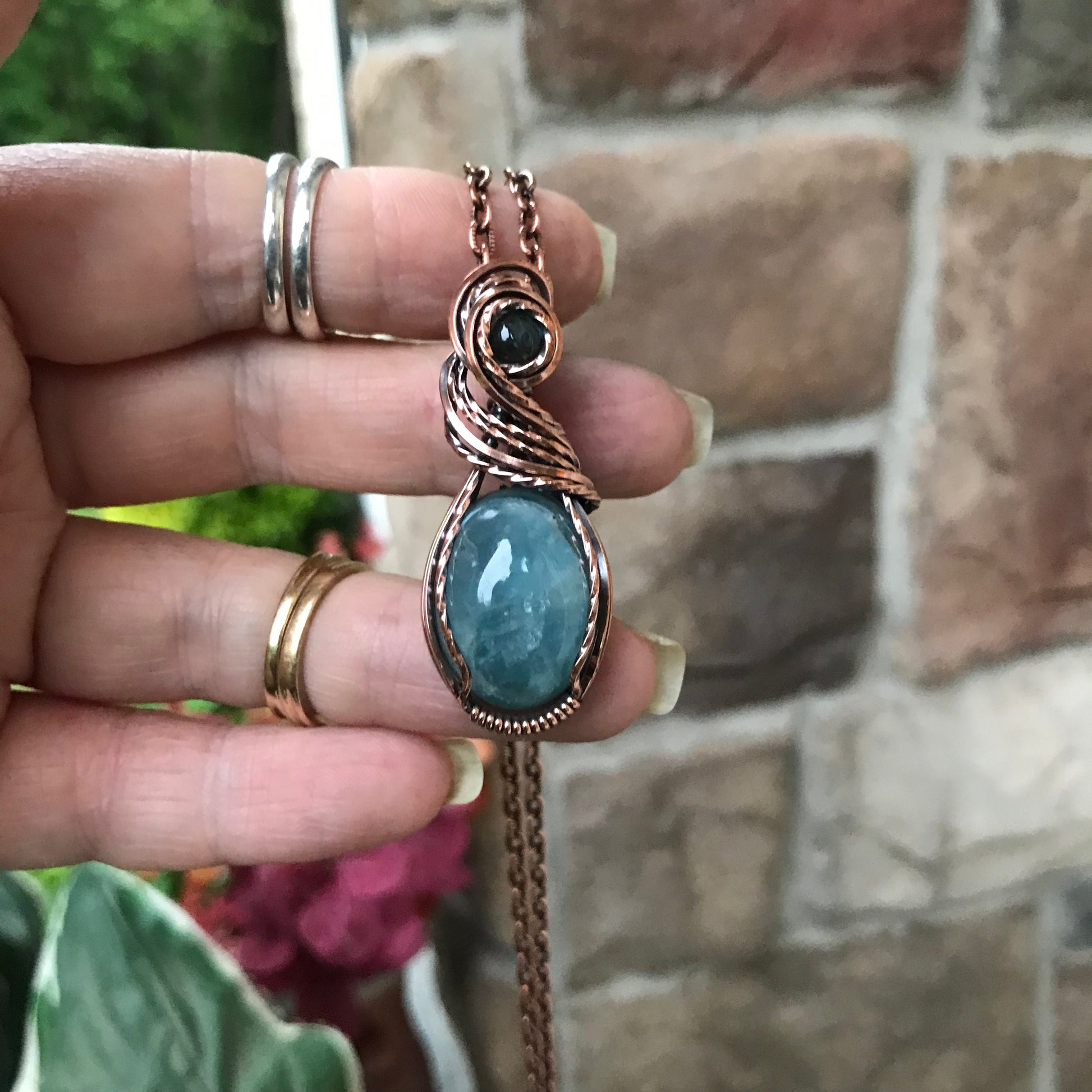 Aquamarine & Labradorite Wire Wrapped Copper Pendant Necklace