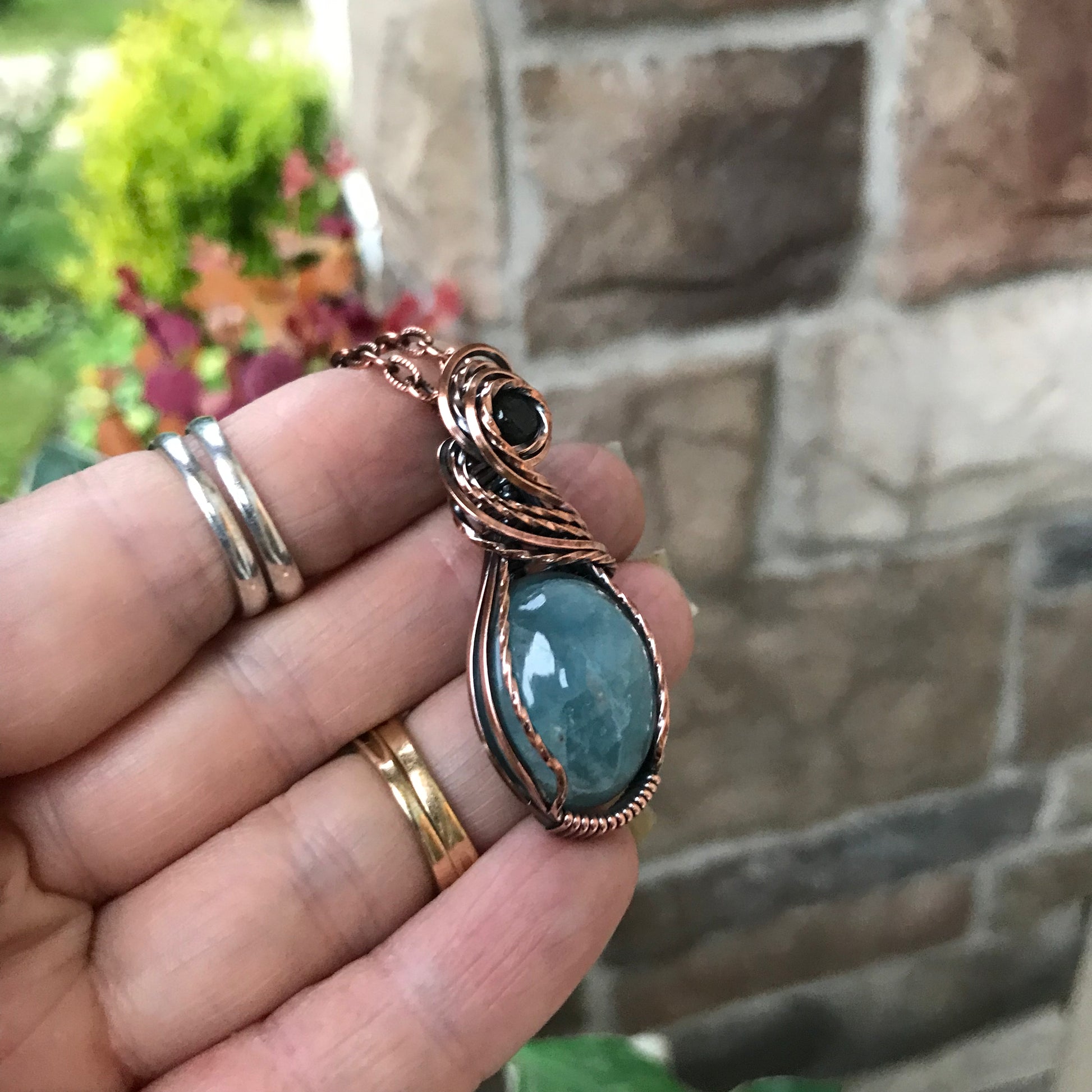 Aquamarine & Labradorite Wire Wrapped Copper Pendant Necklace