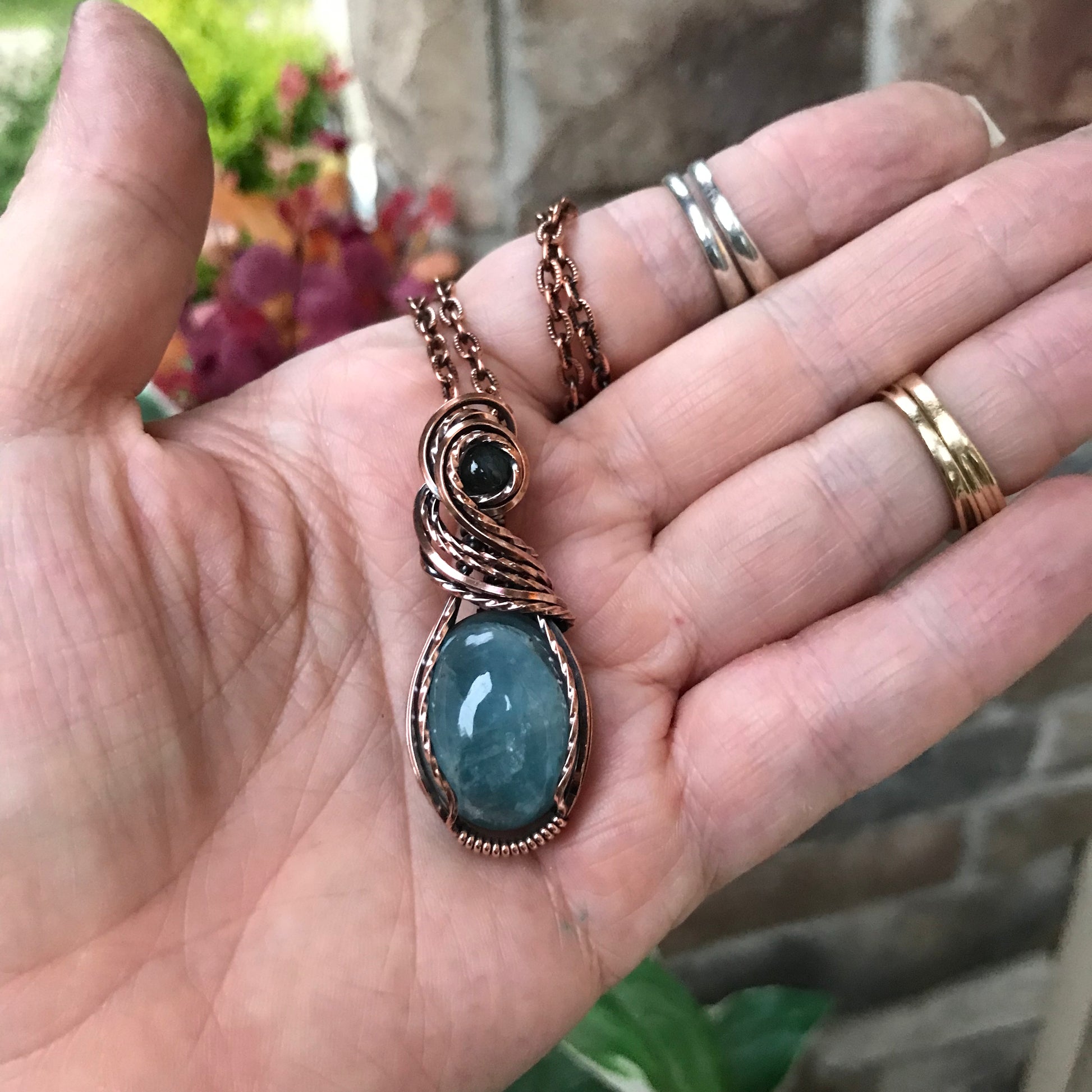 Aquamarine & Labradorite Wire Wrapped Copper Pendant Necklace