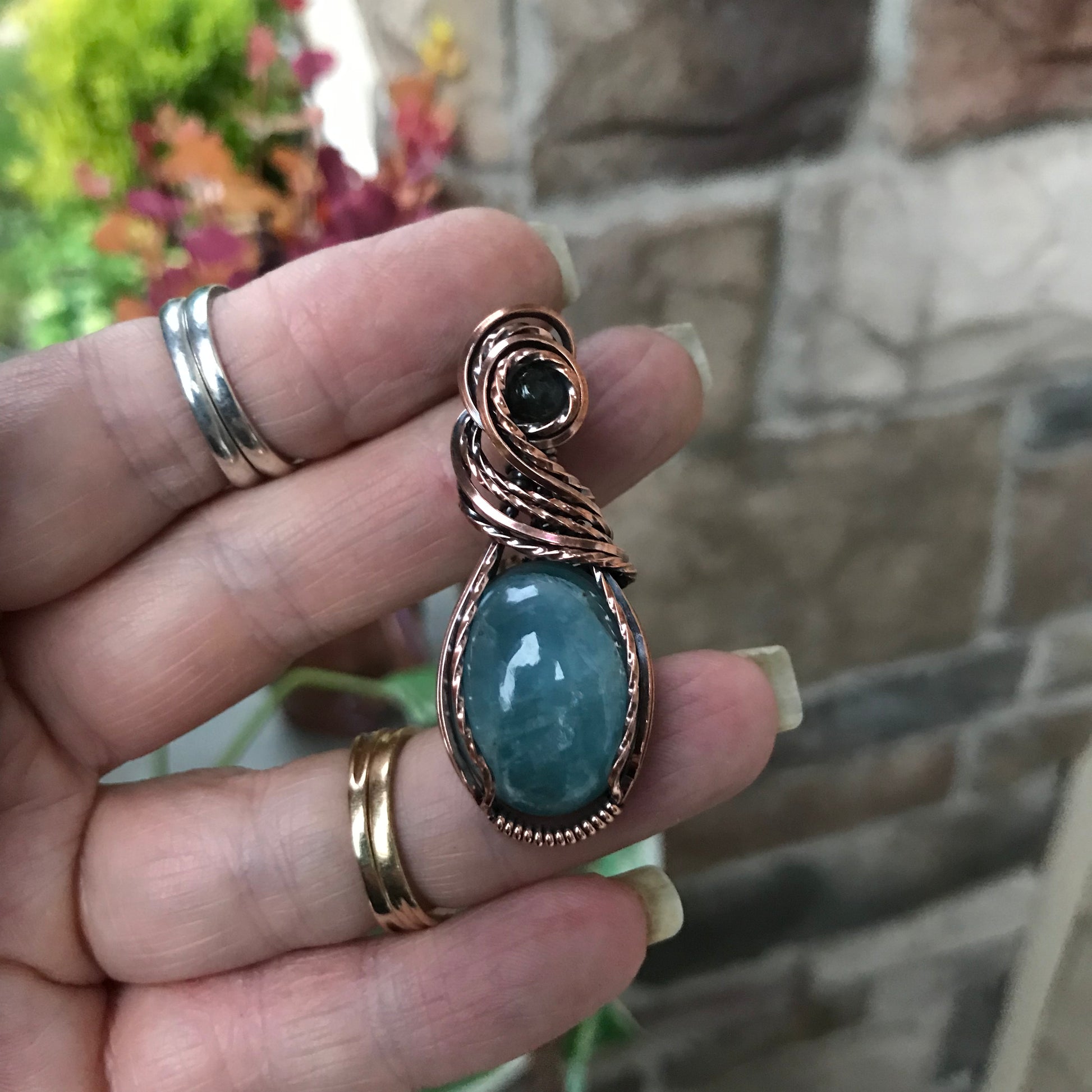 Aquamarine & Labradorite Wire Wrapped Copper Pendant Necklace