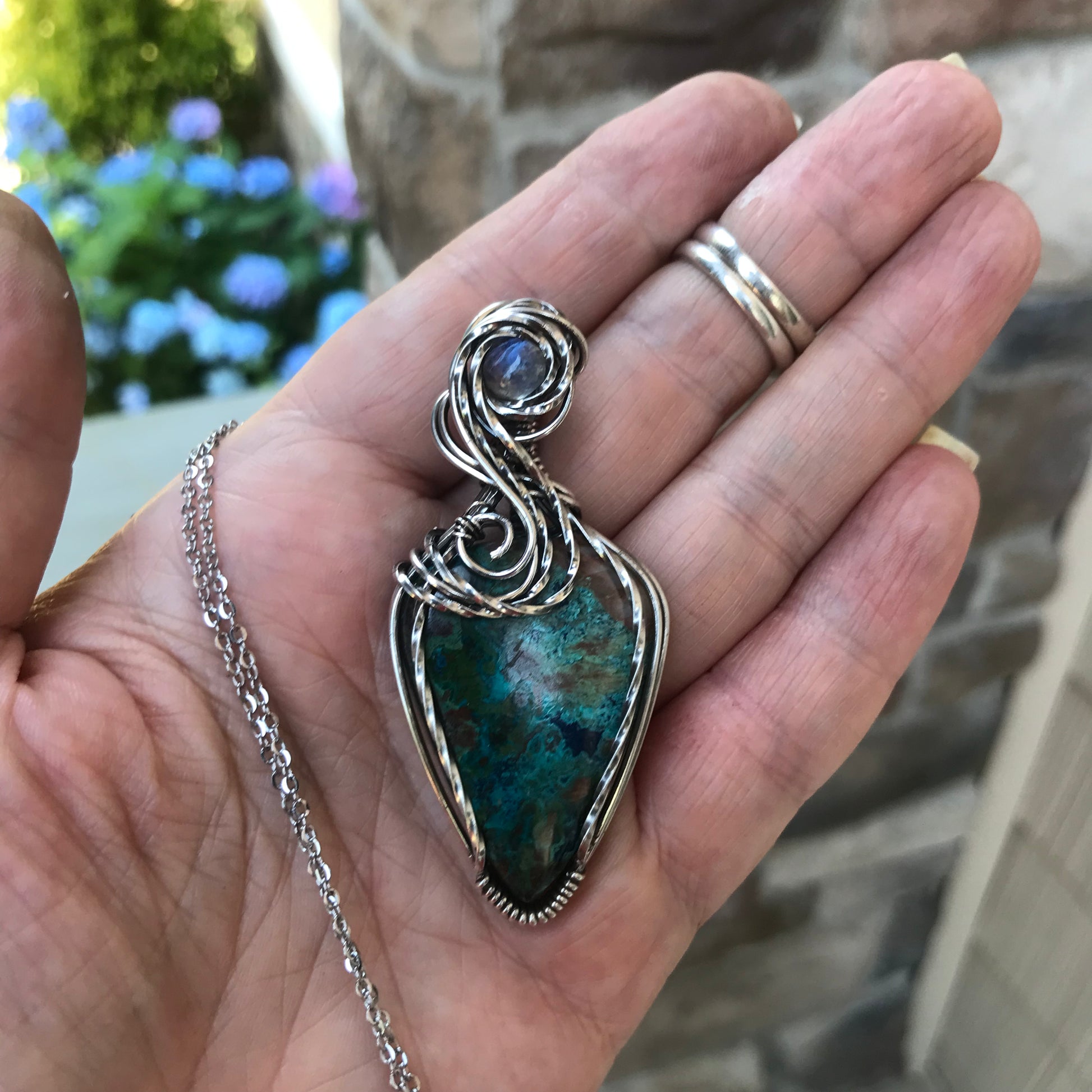 CUSTOM ORDER FOR TC - Chrysocolla & Moonstone Silver Pendant