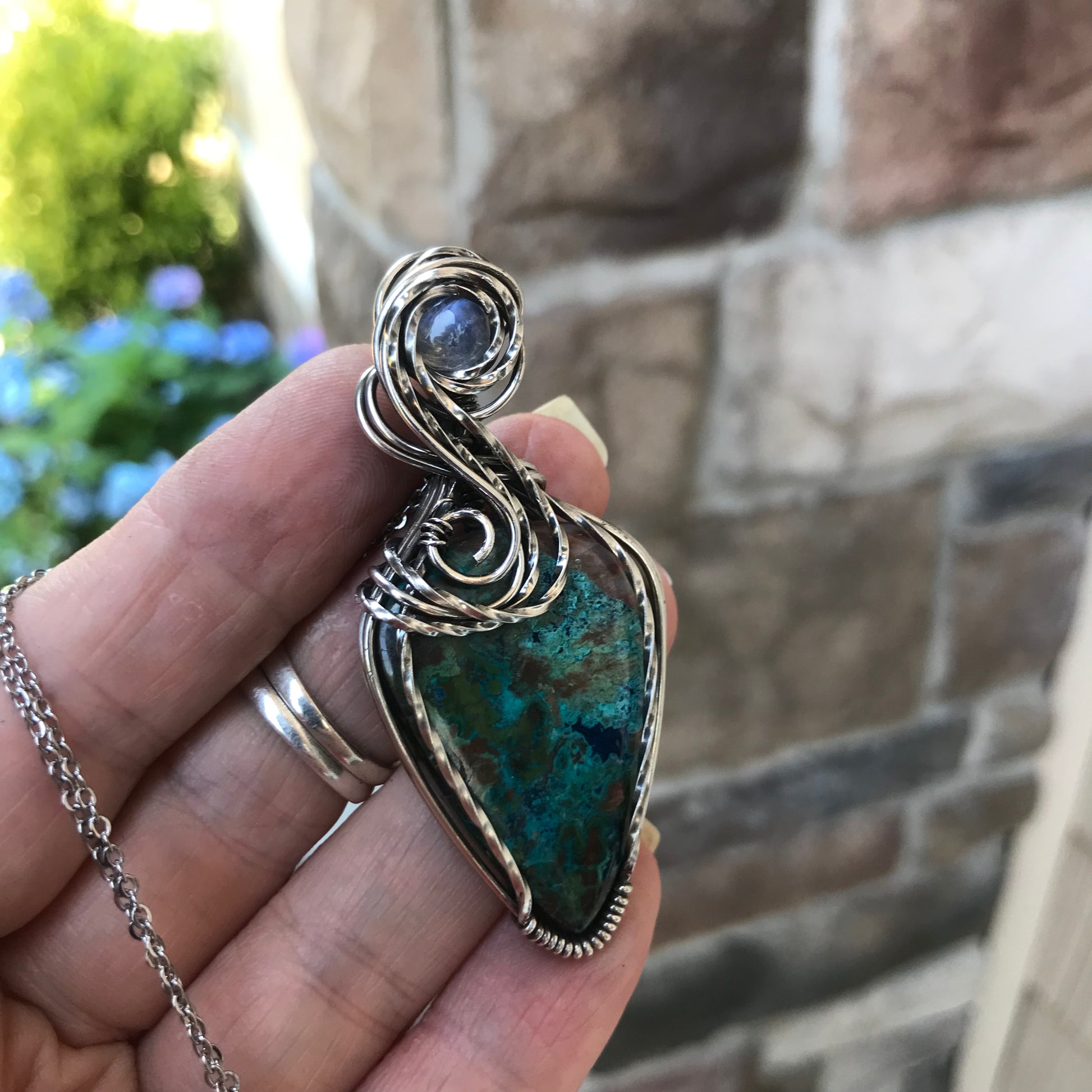 CUSTOM ORDER FOR TC - Chrysocolla & Moonstone Silver Pendant