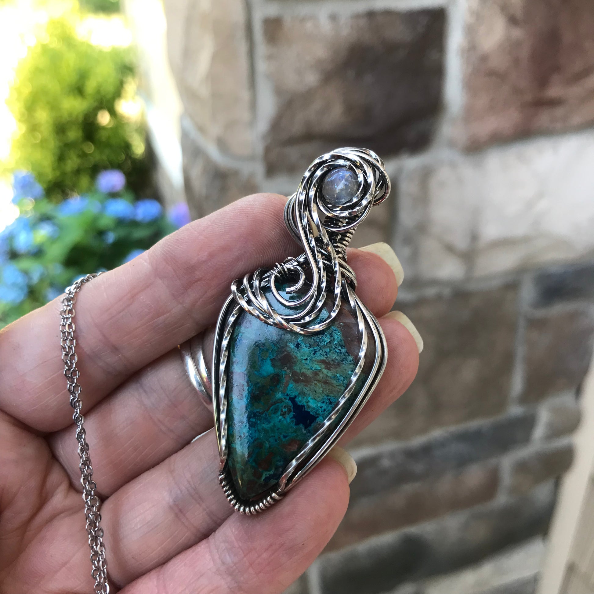 CUSTOM ORDER FOR TC - Chrysocolla & Moonstone Silver Pendant