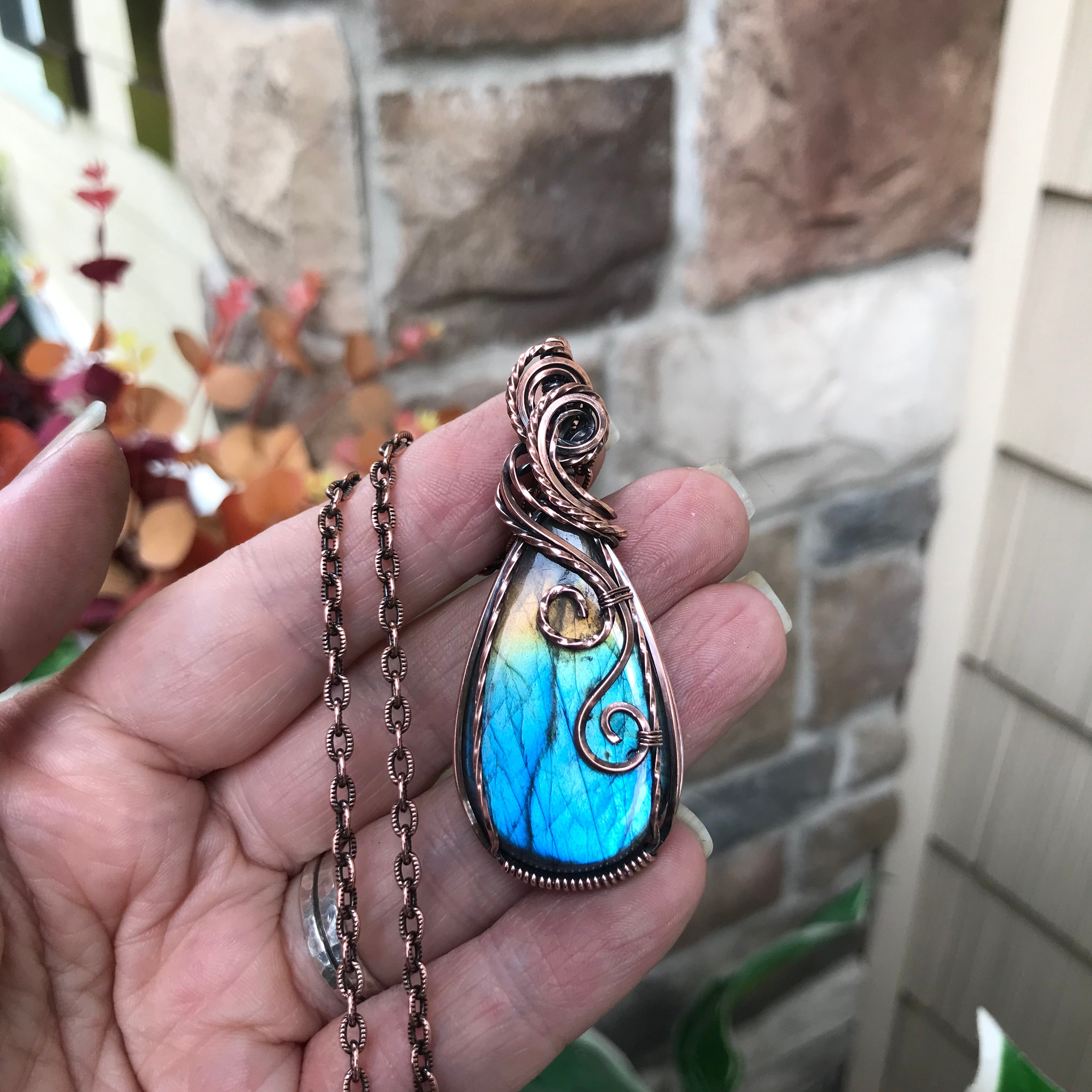 Blue Yellow Gold Labradorite Copper Pendant