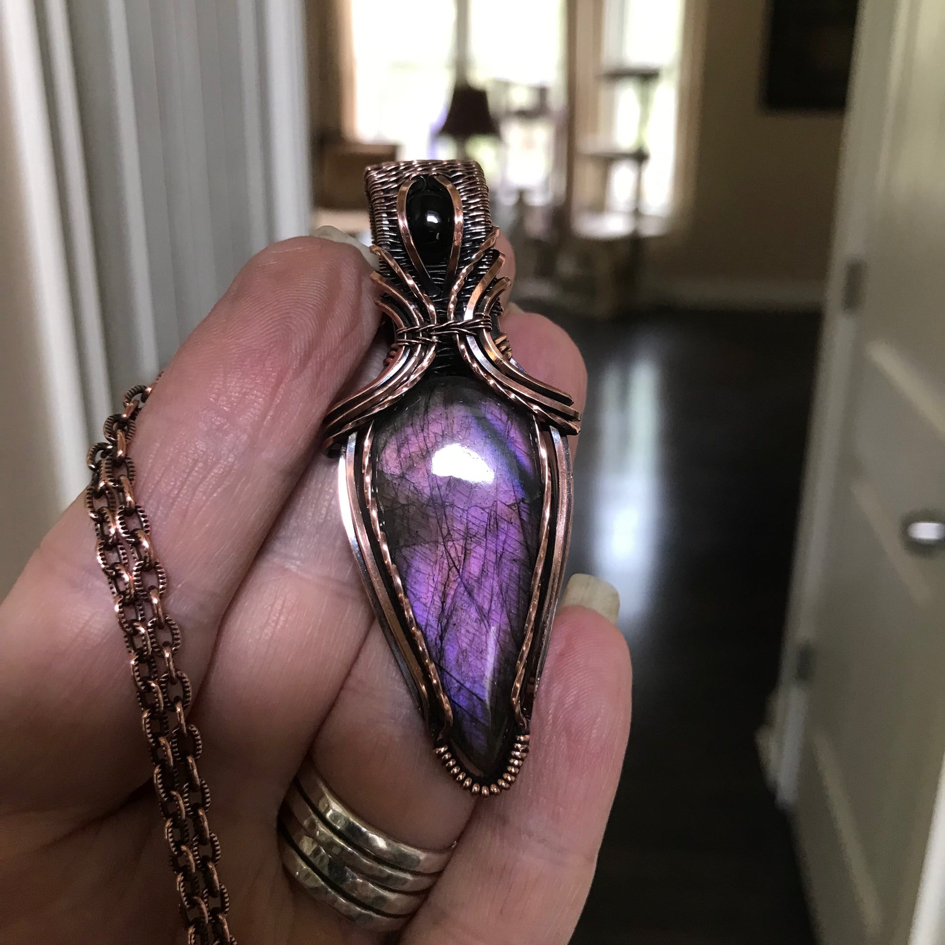 Purple Labradorite & Garnet Copper Pendant with Weaving