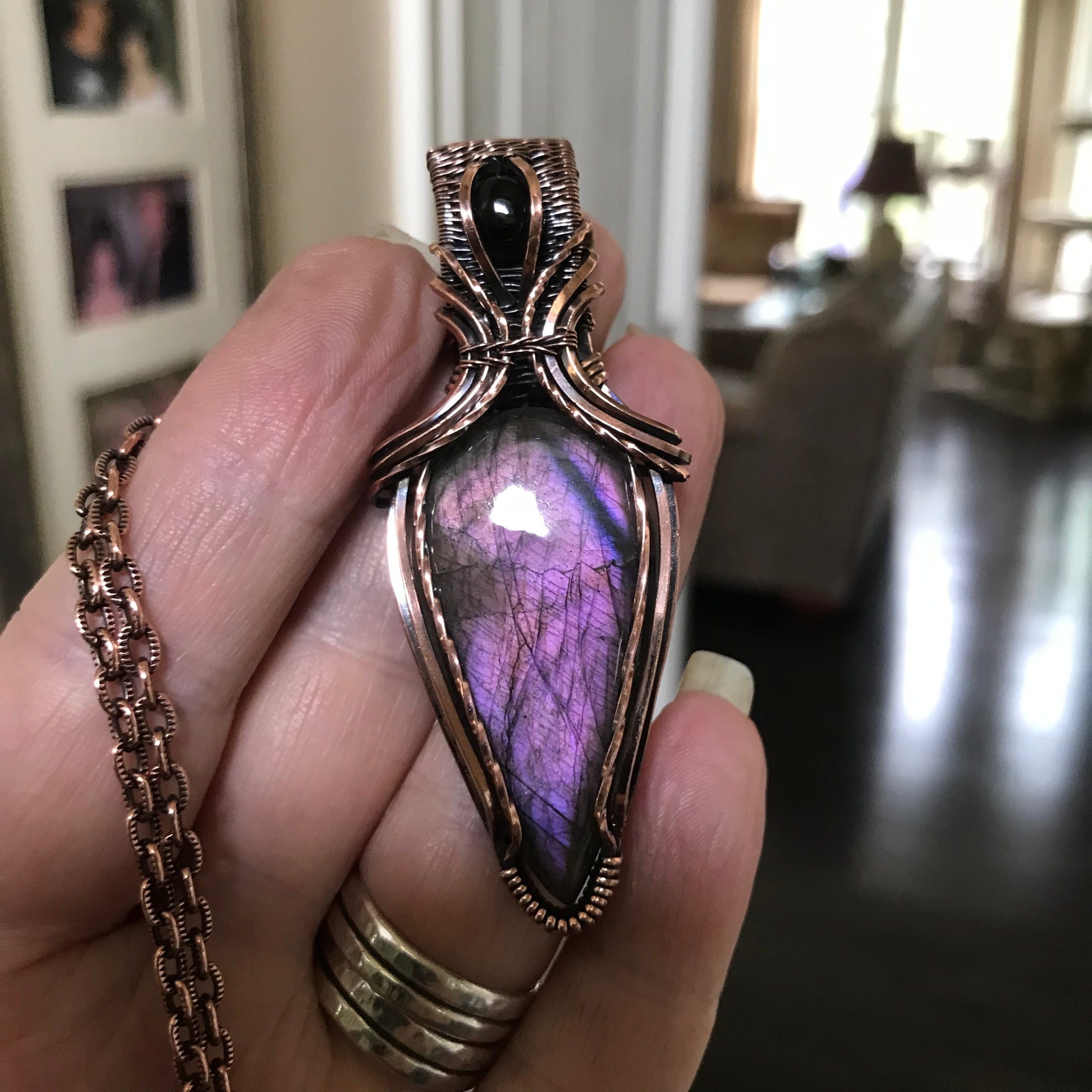 Purple Labradorite & Garnet Copper Pendant with Weaving