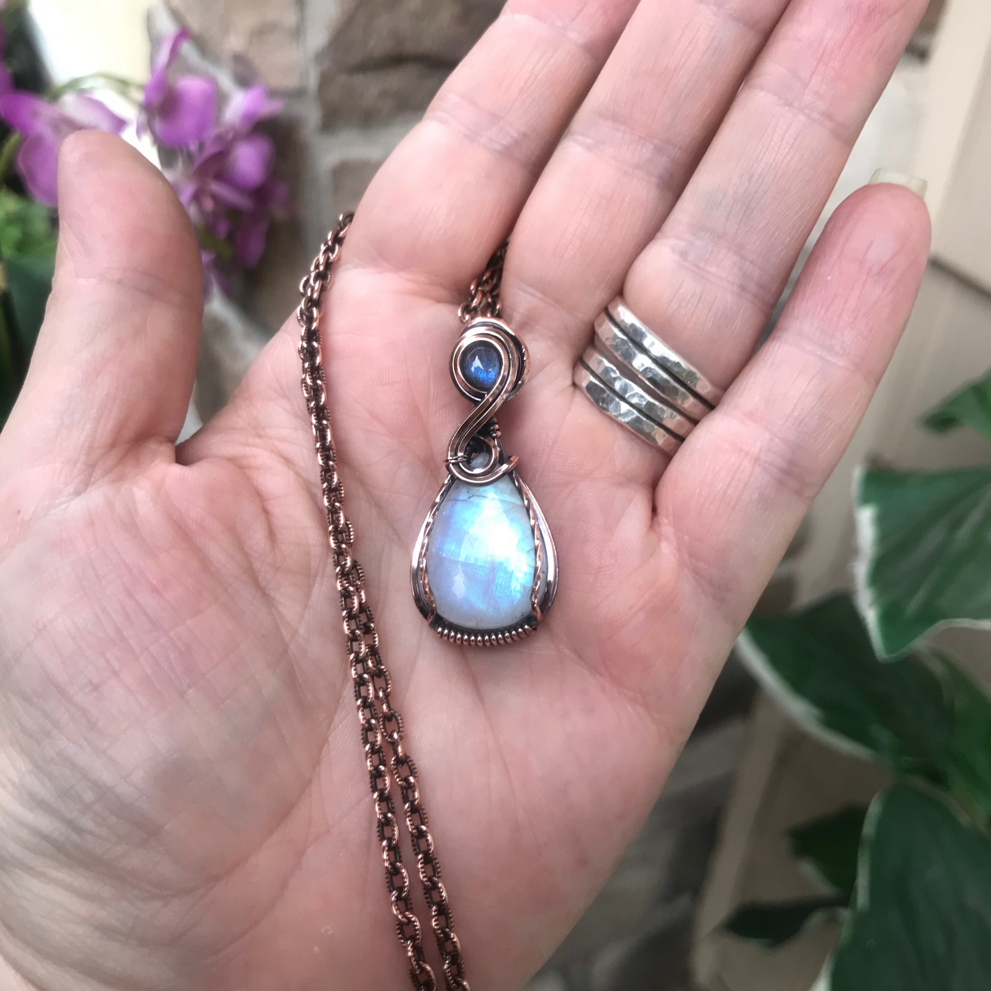 Rainbow Moonstone & Blue Labradorite Small Copper Pendant