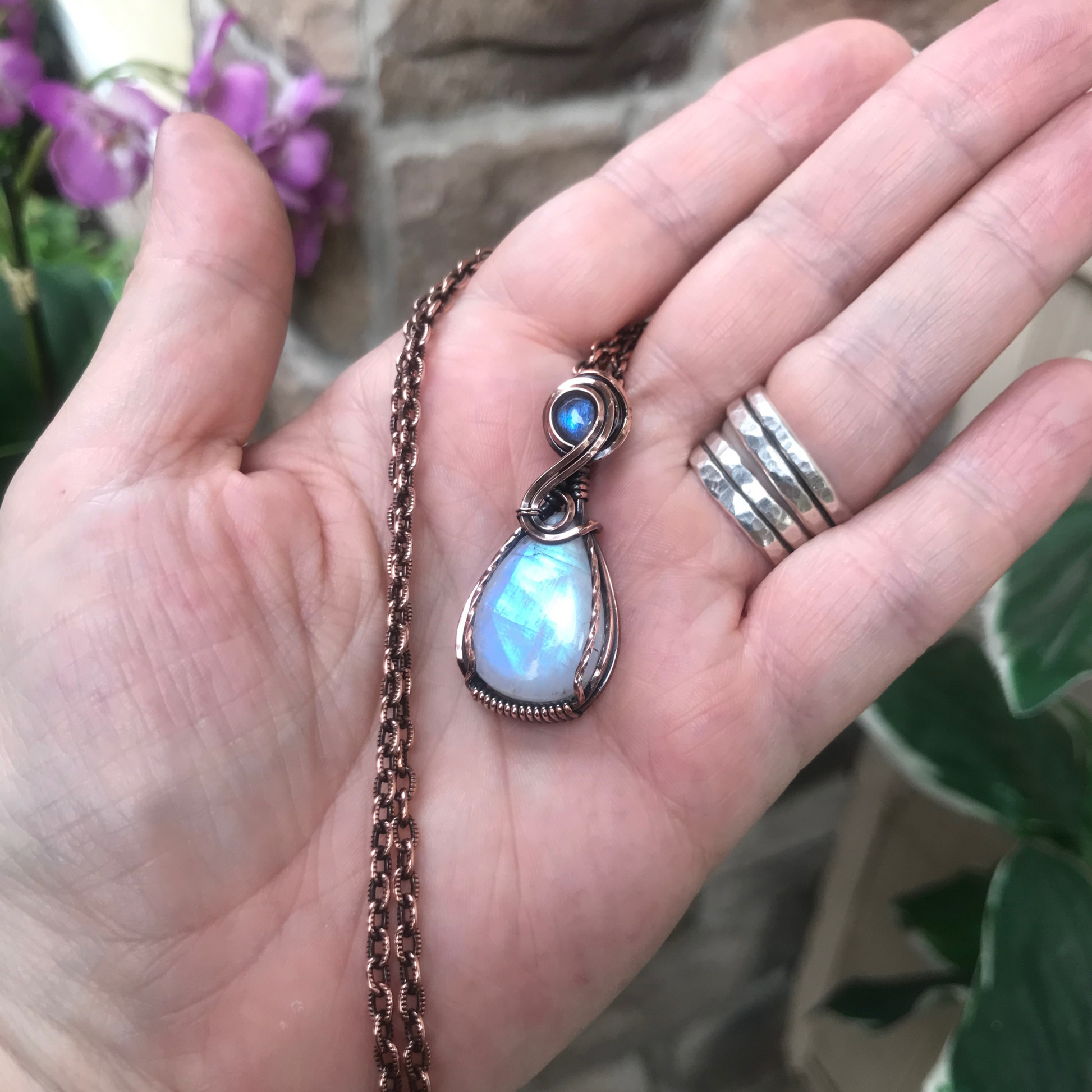 Rainbow Moonstone & Blue Labradorite Small Copper Pendant