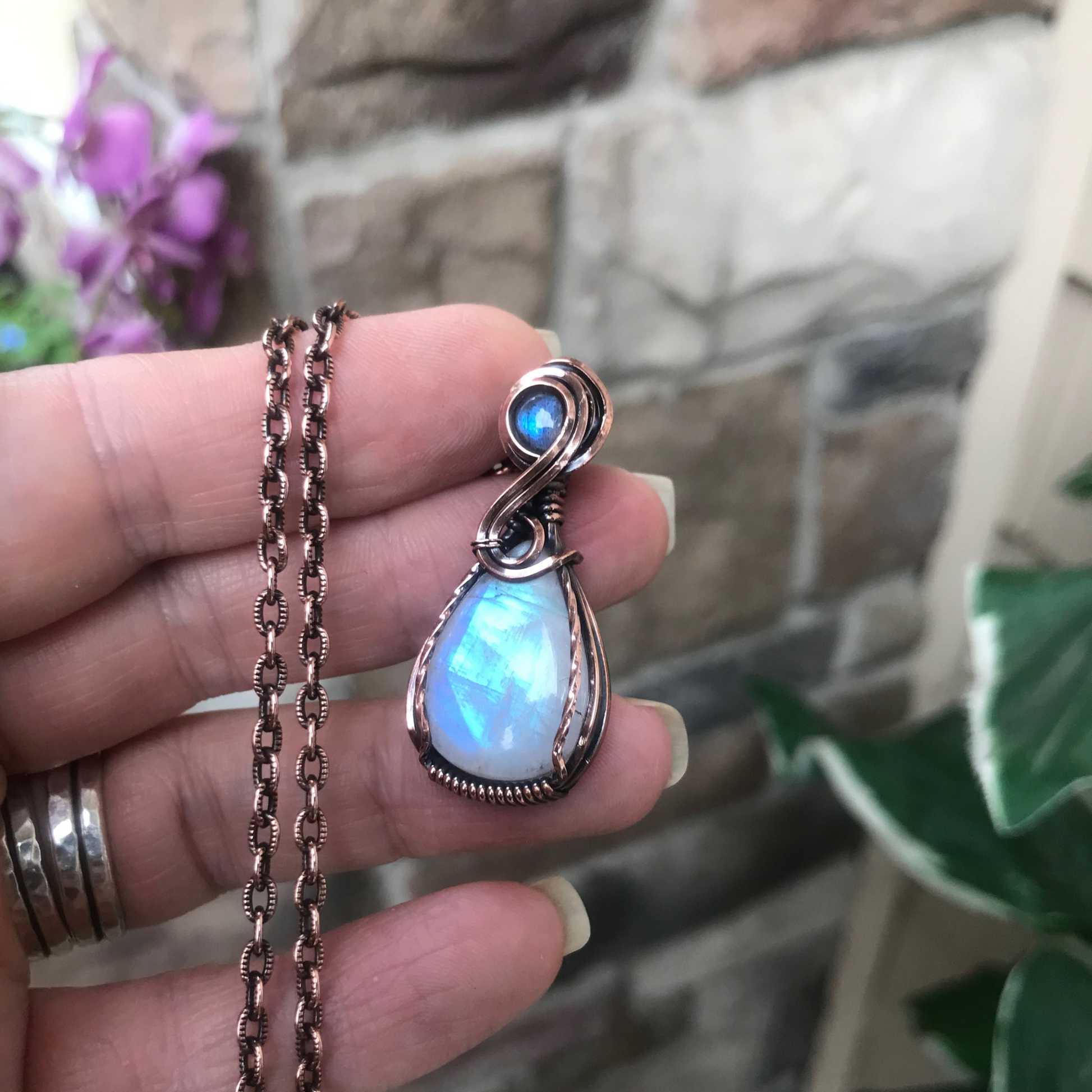 Rainbow Moonstone & Blue Labradorite Small Copper Pendant