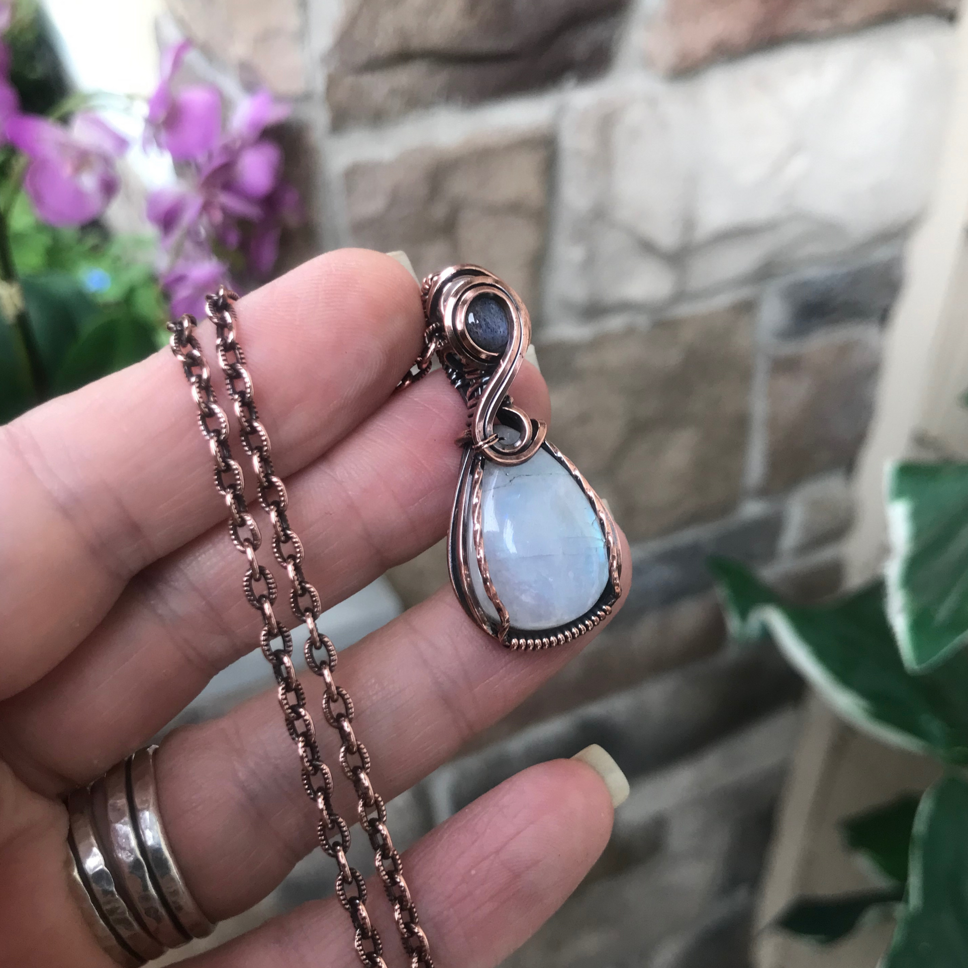 Rainbow Moonstone & Blue Labradorite Small Copper Pendant