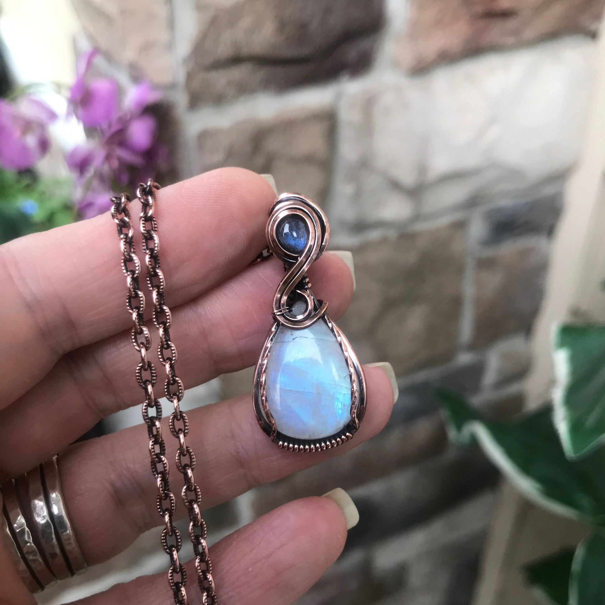 Rainbow Moonstone & Blue Labradorite Small Copper Pendant