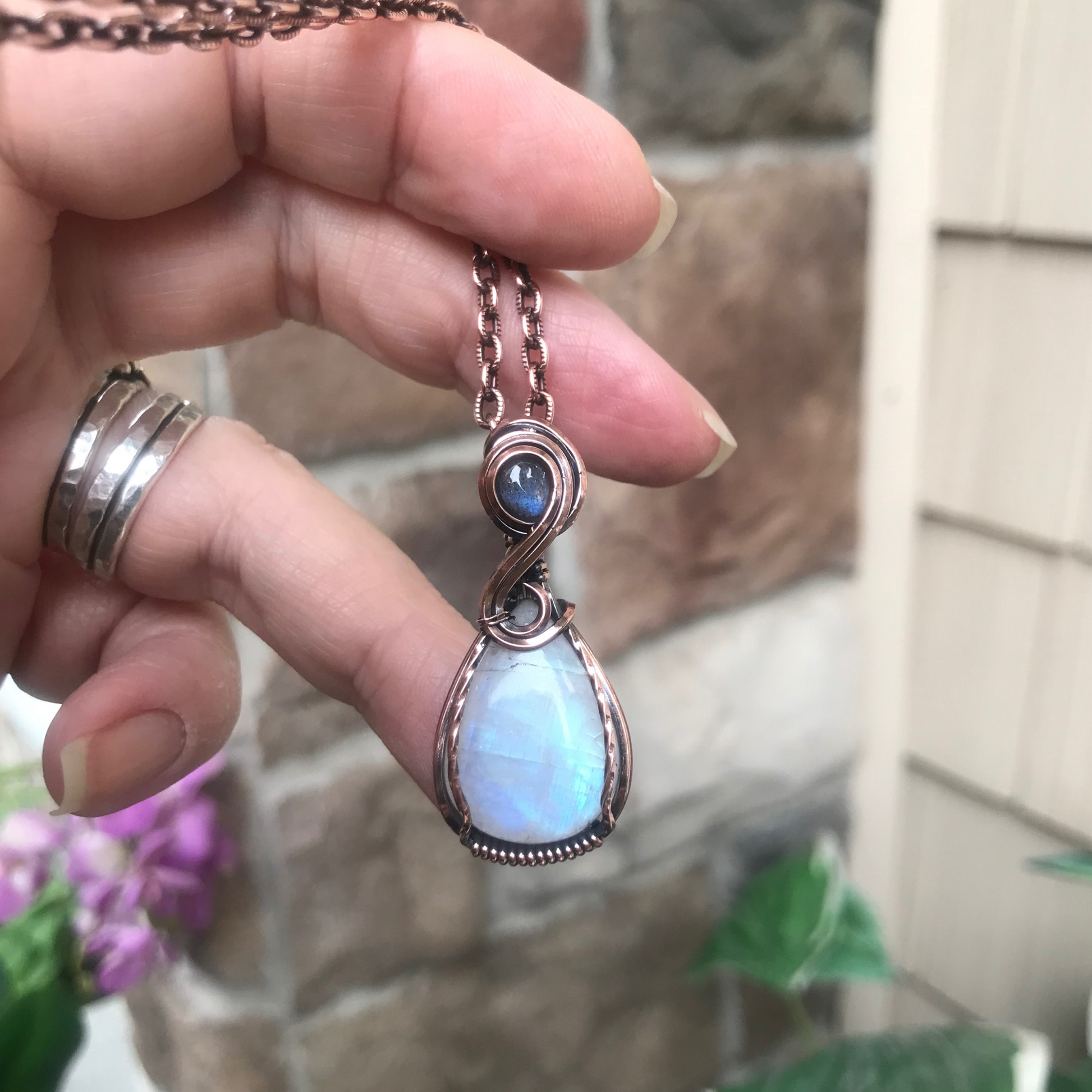 Rainbow Moonstone & Blue Labradorite Small Copper Pendant