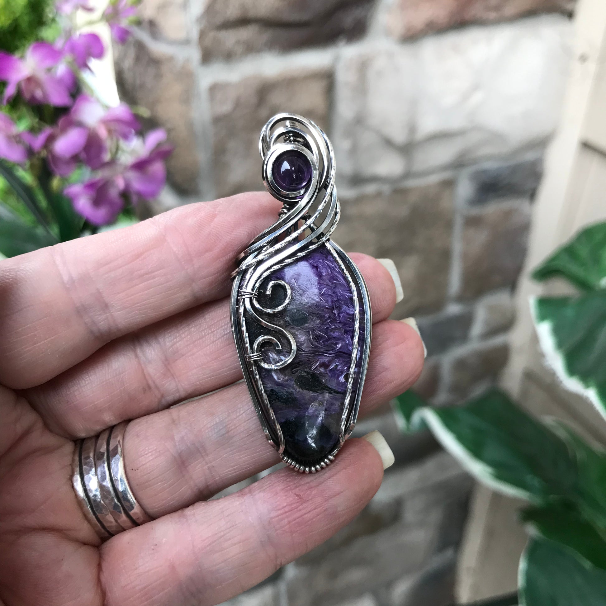 Charoite & Amethyst Silver Pendant