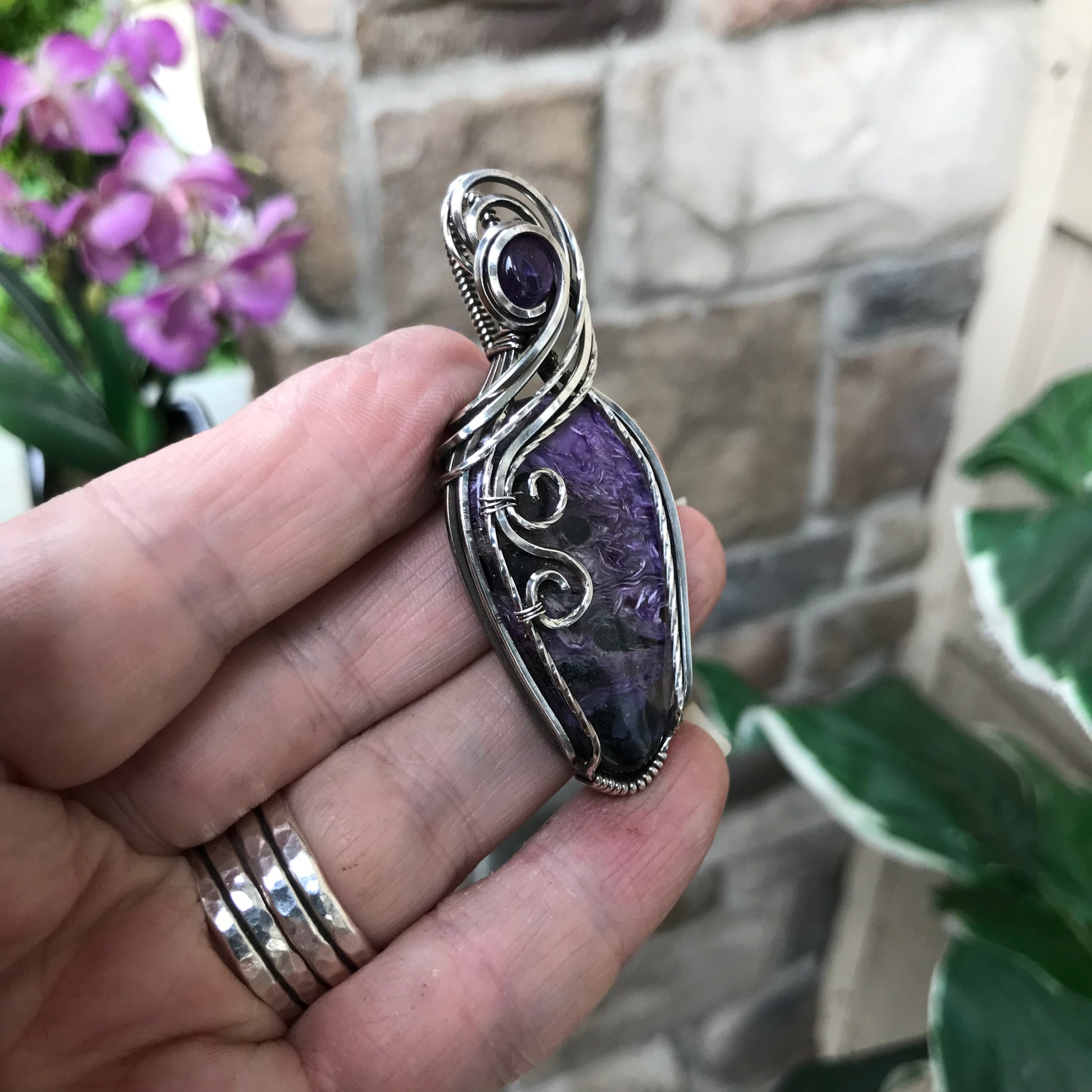 Charoite & Amethyst Silver Pendant