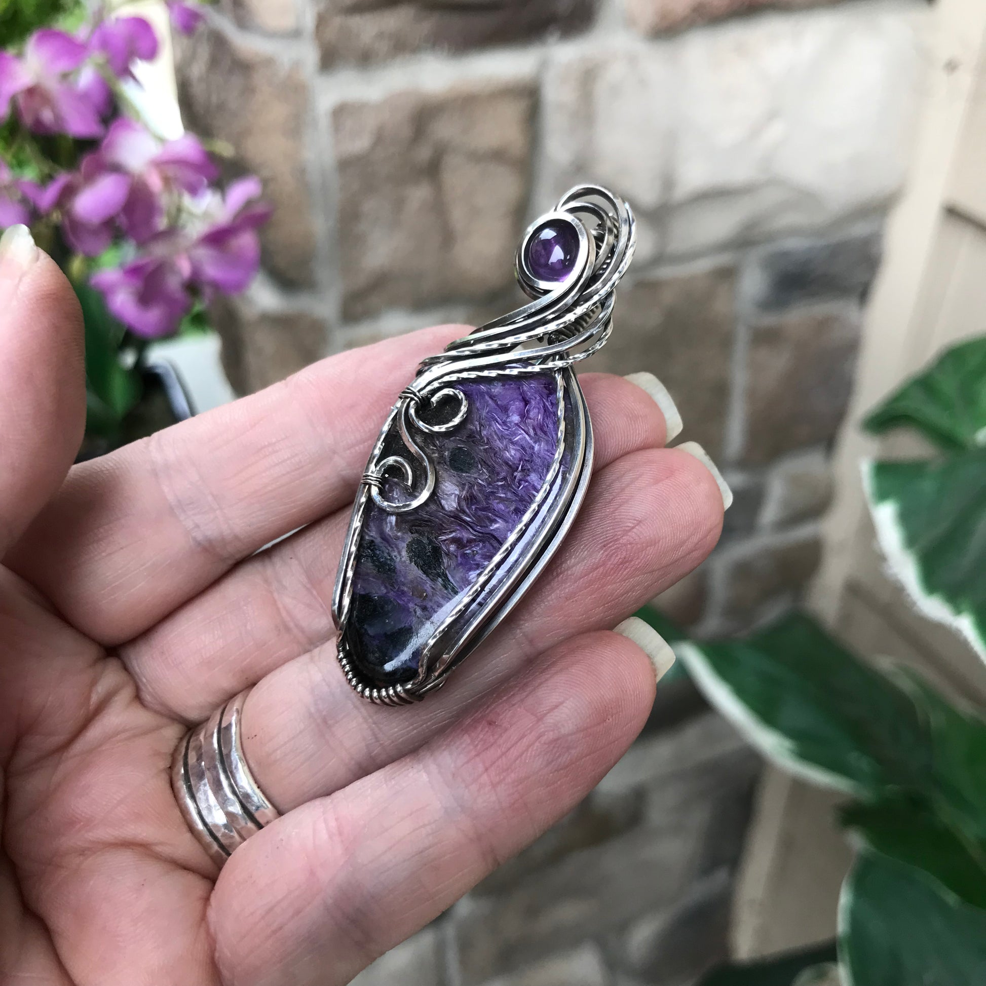 Charoite & Amethyst Silver Pendant