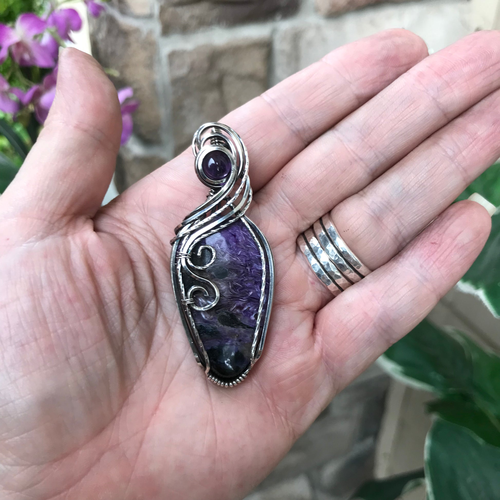 Charoite & Amethyst Silver Pendant