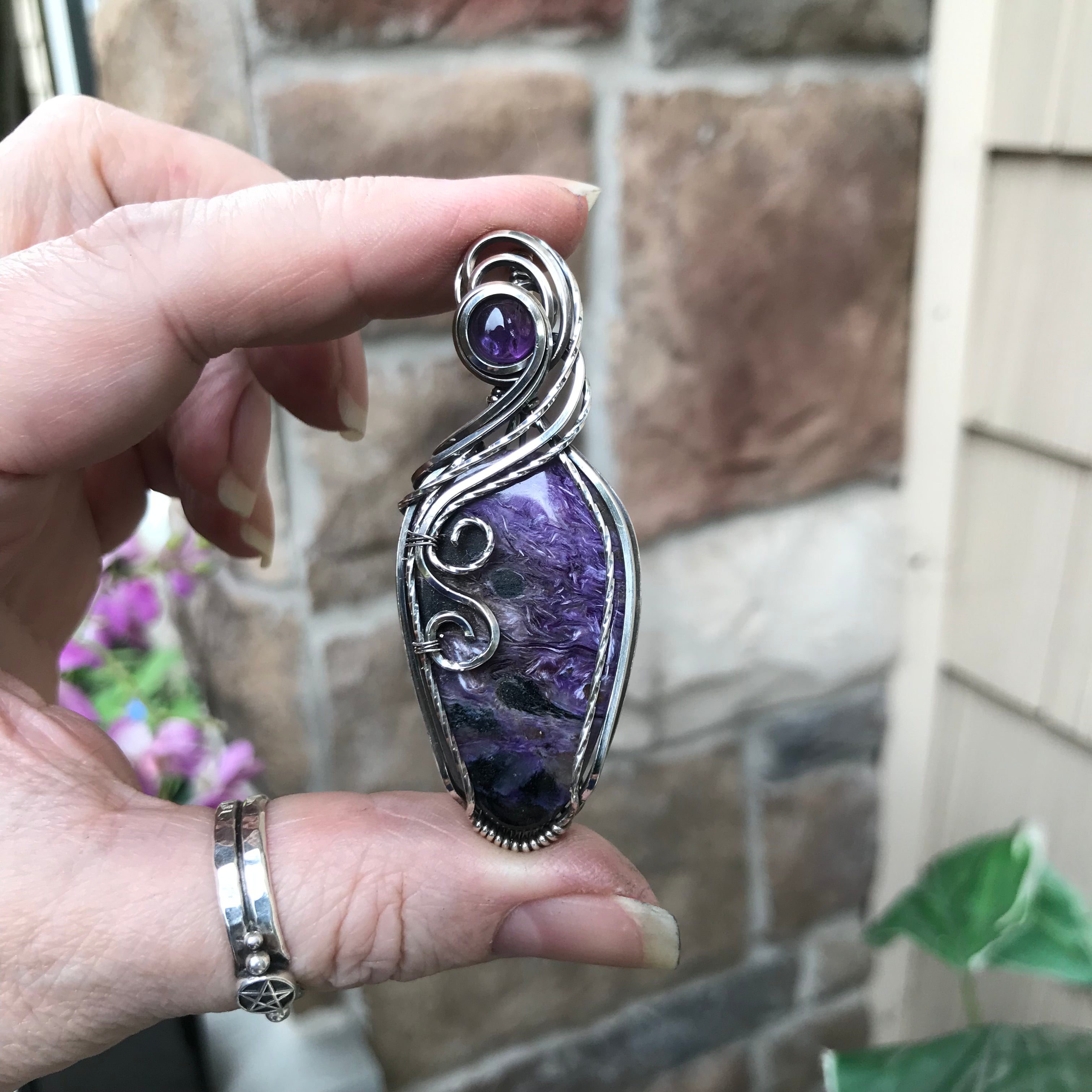 Charoite & Amethyst Silver Pendant