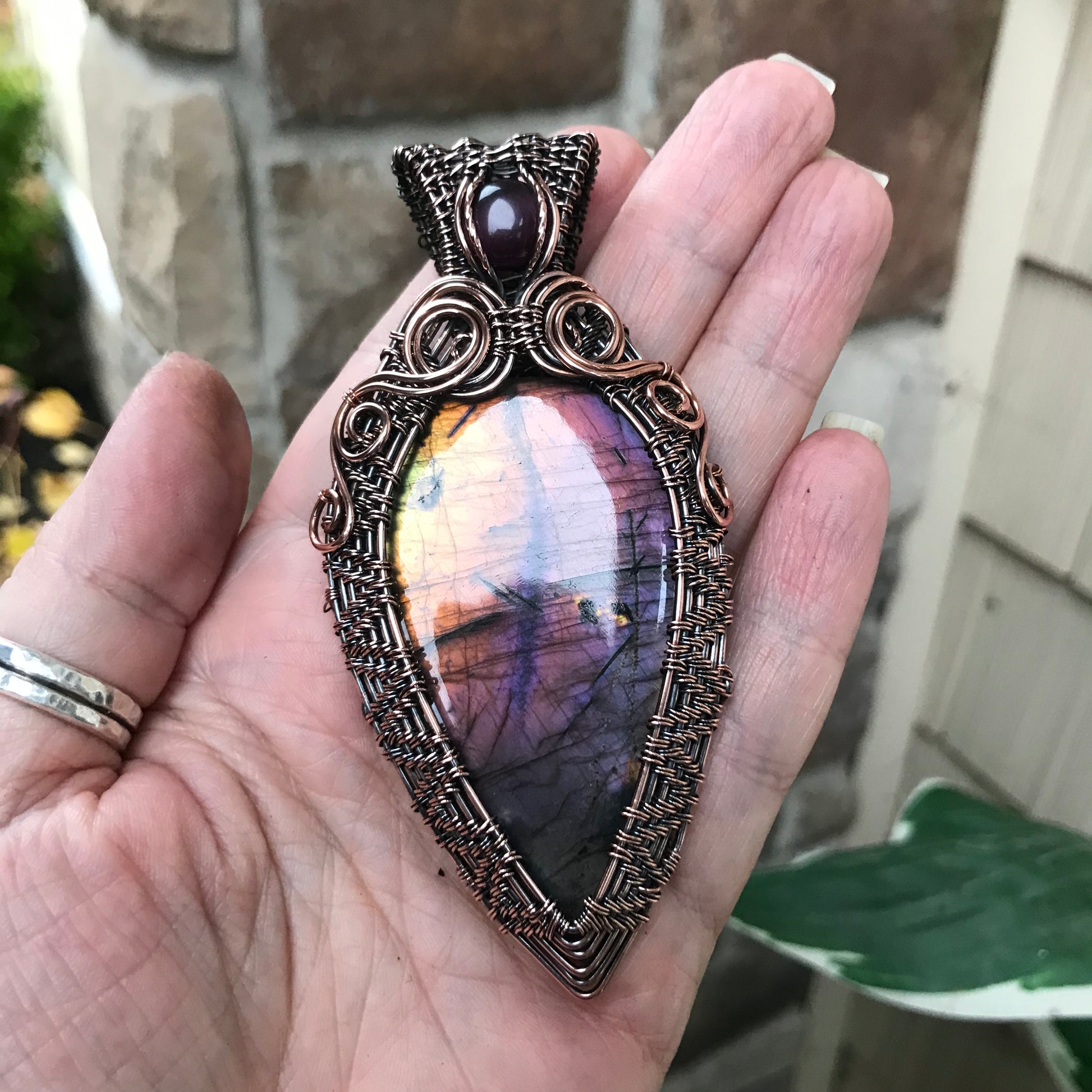 Rainbow Labradorite with Blue Labradorite Copper Woven Necklace