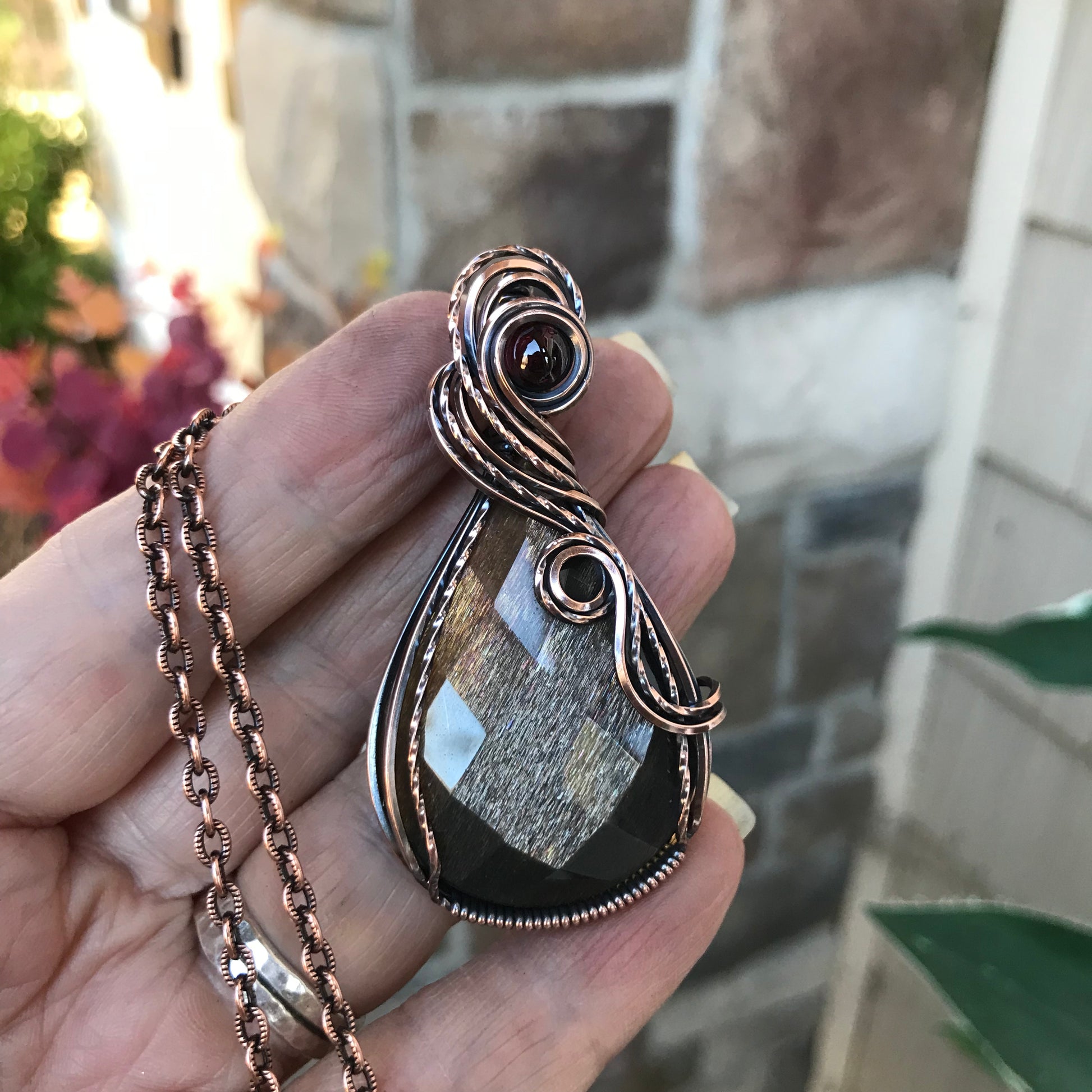 Golden Sunstone & Garnet Copper Pendant