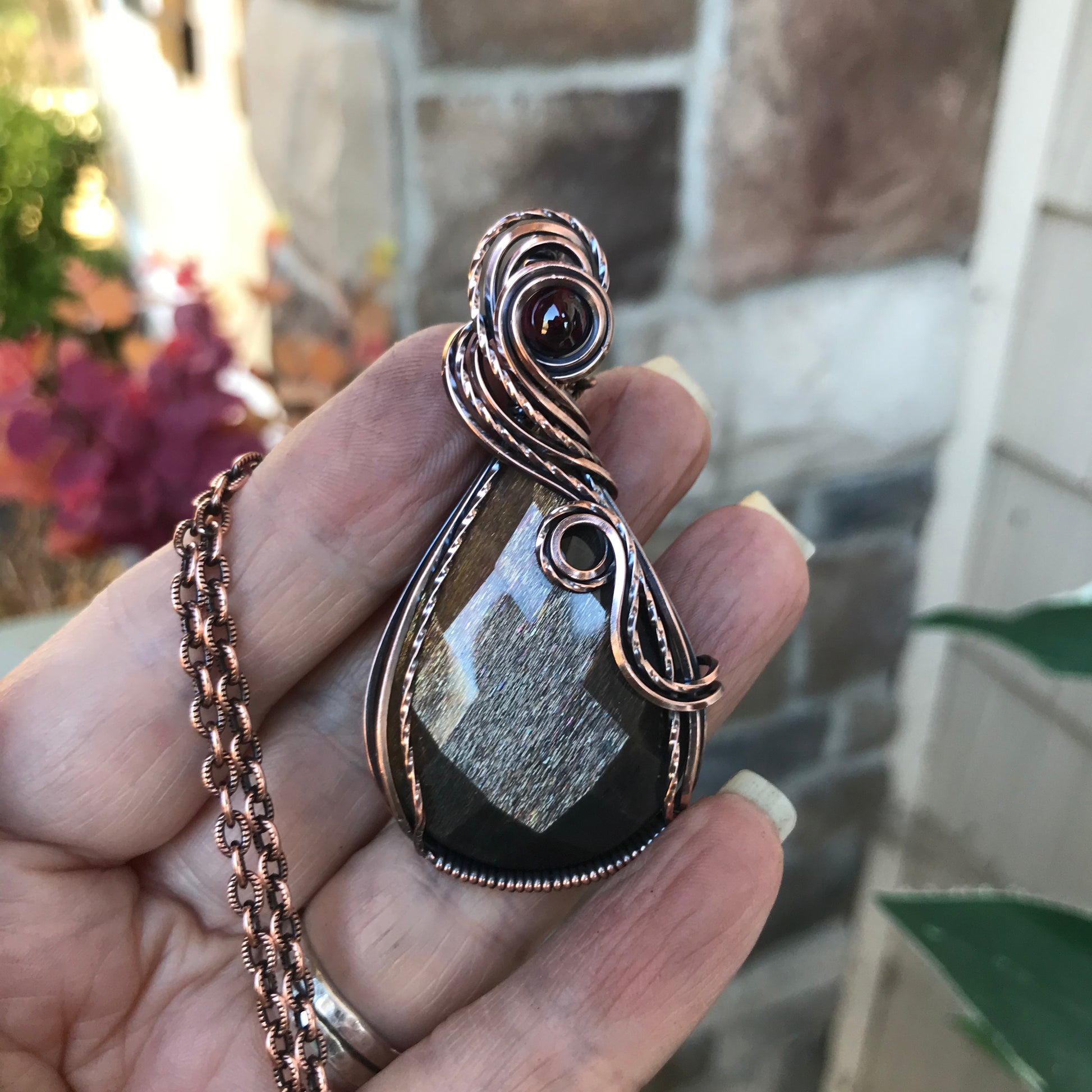 Golden Sunstone & Garnet Copper Pendant