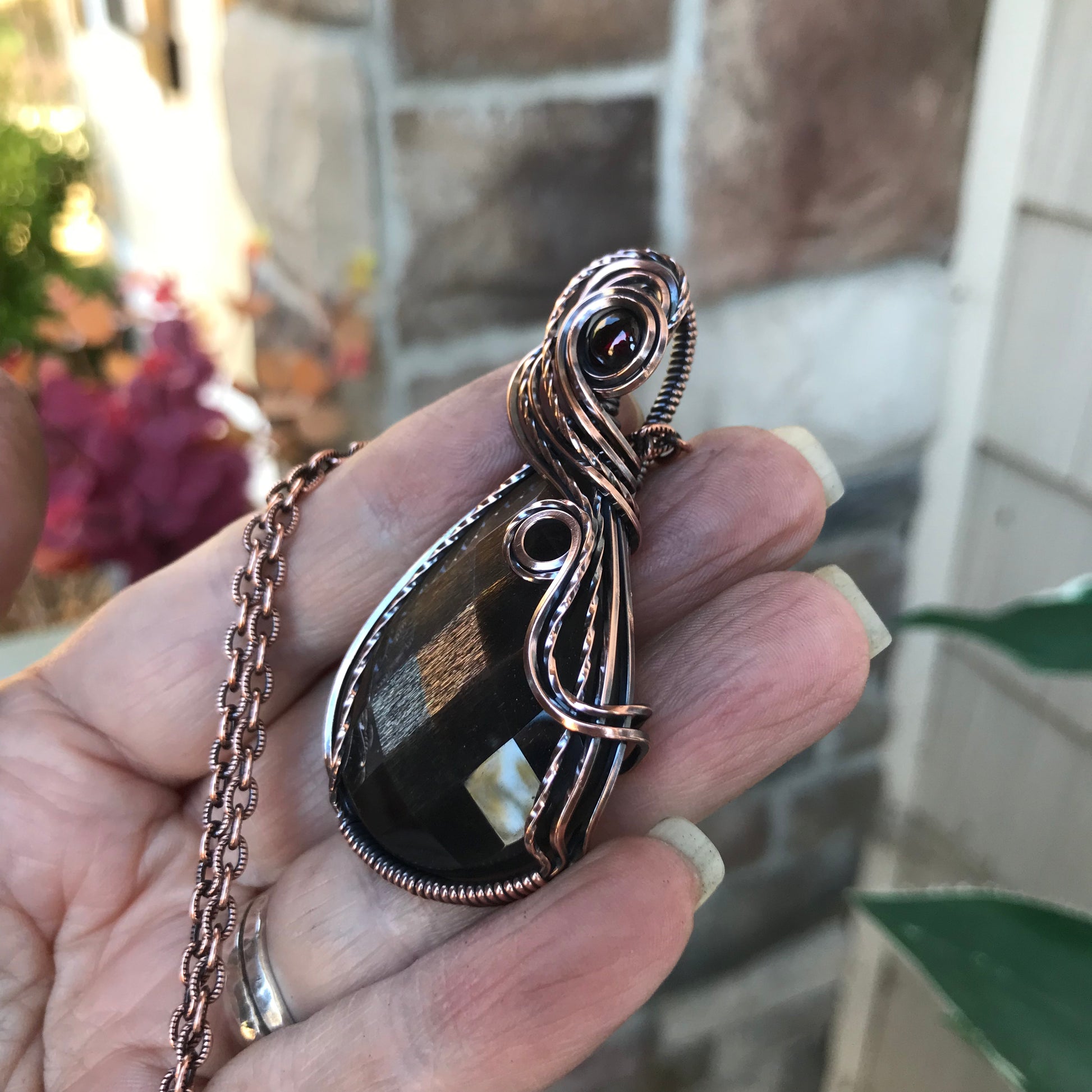 Golden Sunstone & Garnet Copper Pendant