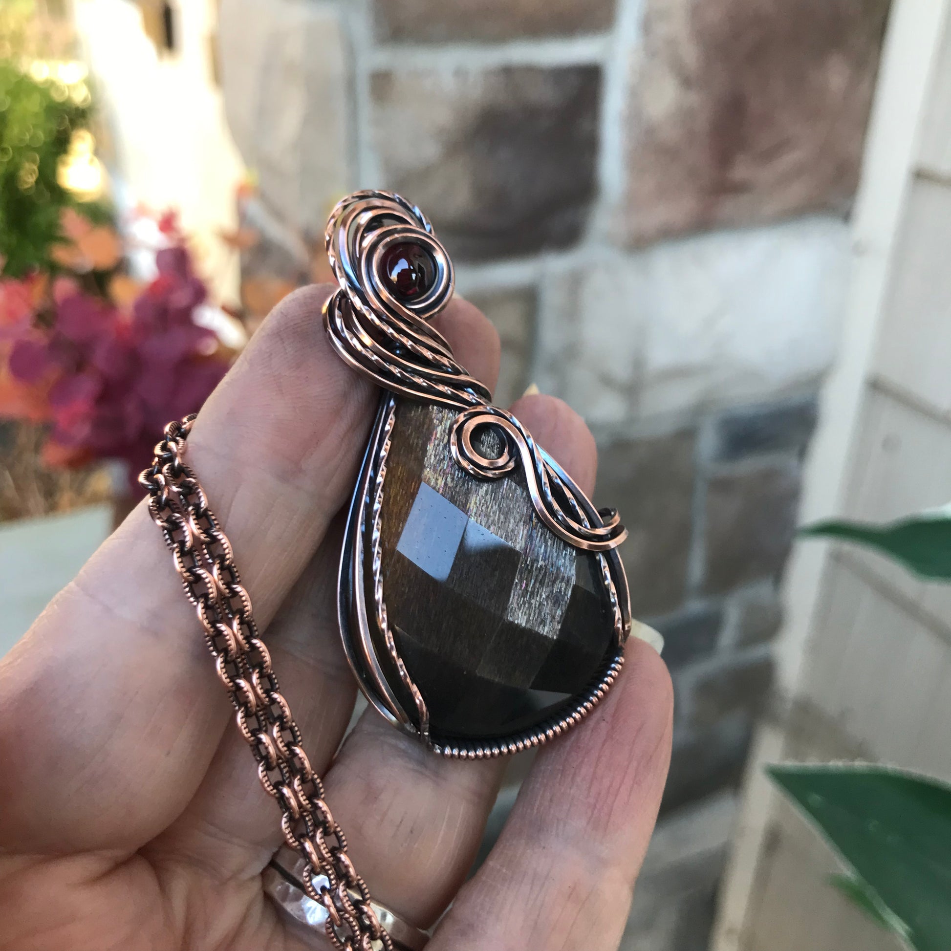 Golden Sunstone & Garnet Copper Pendant