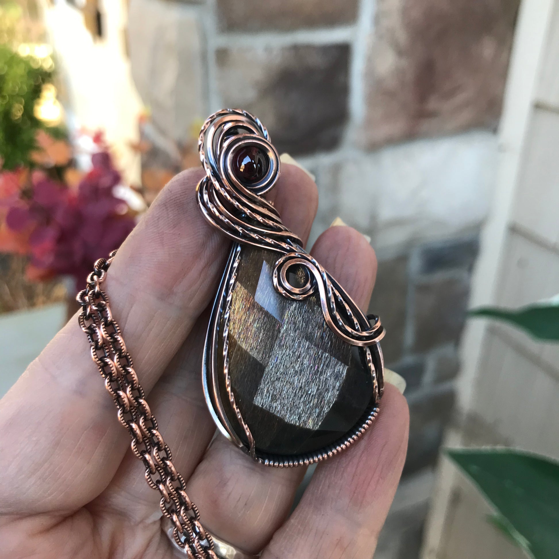 Golden Sunstone & Garnet Copper Pendant