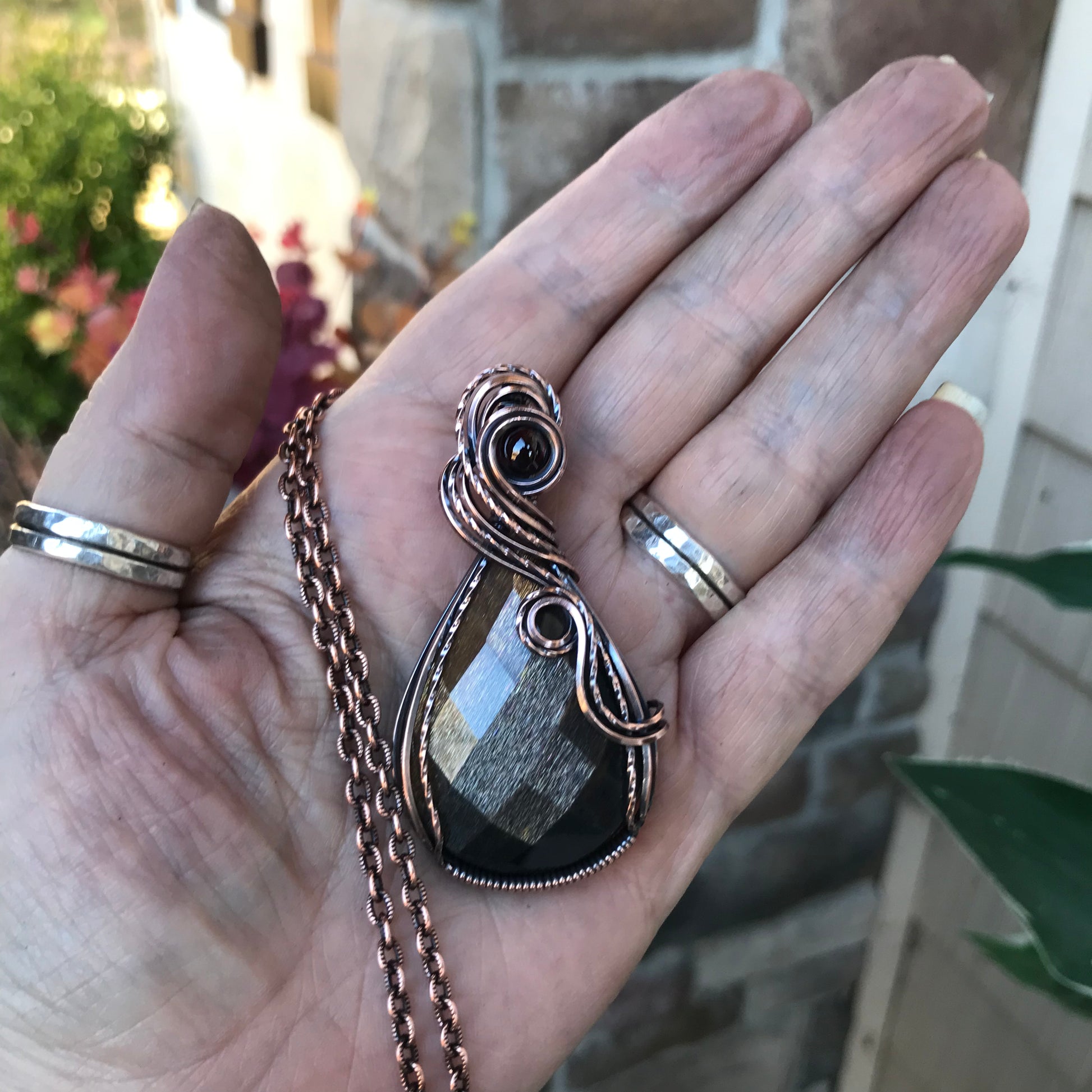 Golden Sunstone & Garnet Copper Pendant