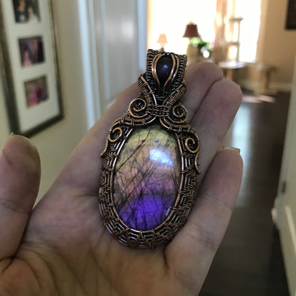 Yellow Amber Purple Labradorite & Pink Cat's Eye Wire Wrapped Pendant