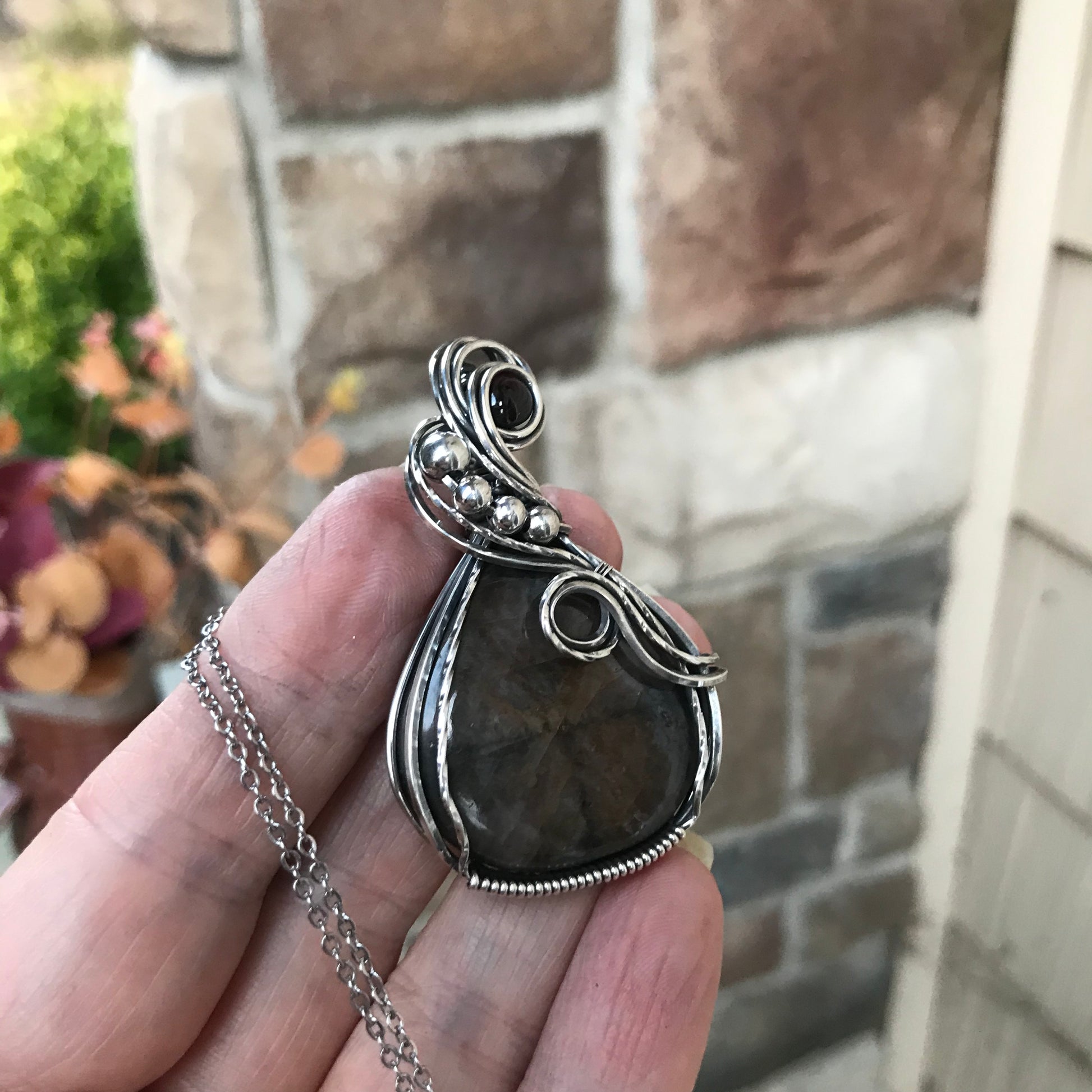 Chiastolite & Garnet Silver Pendant