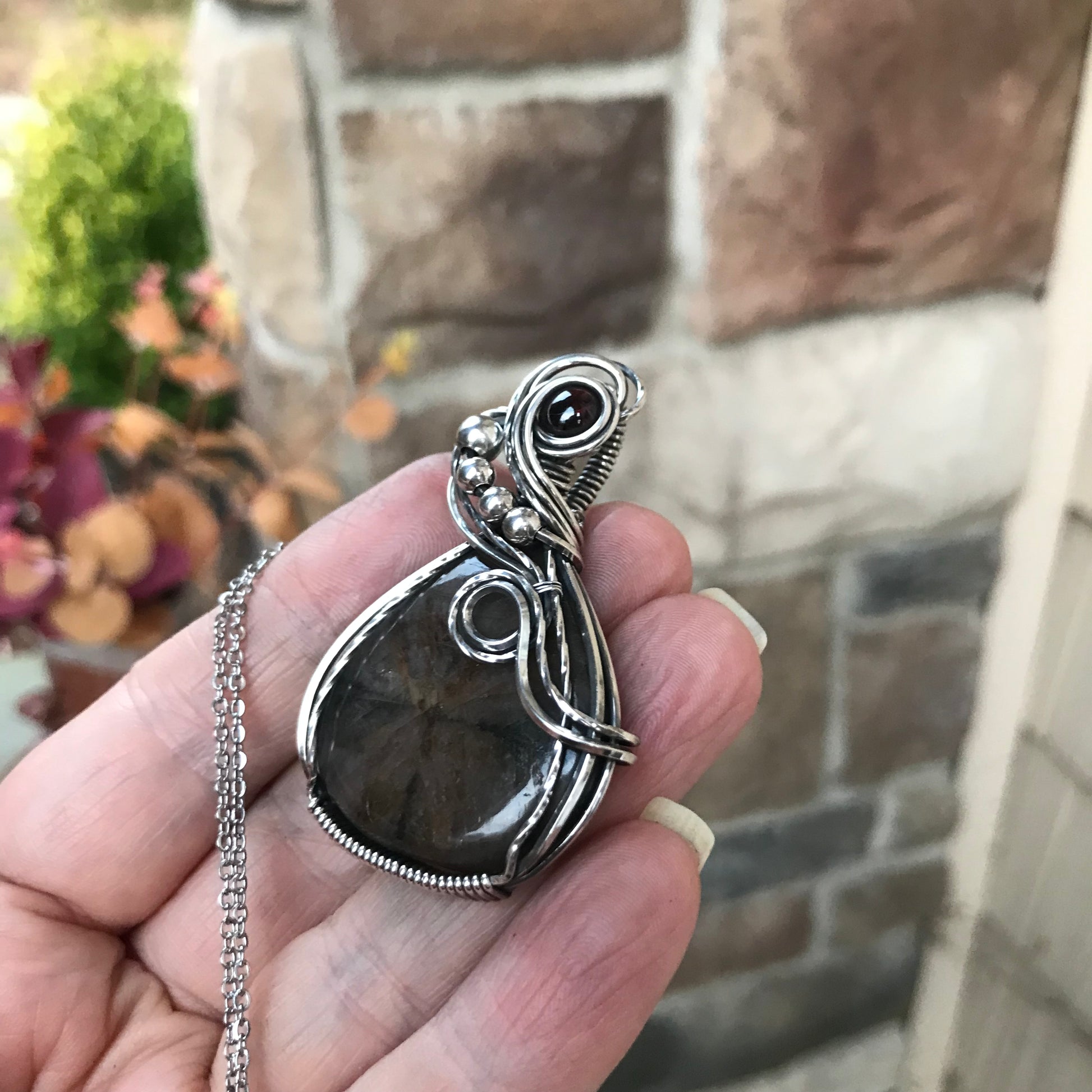 Chiastolite & Garnet Silver Pendant