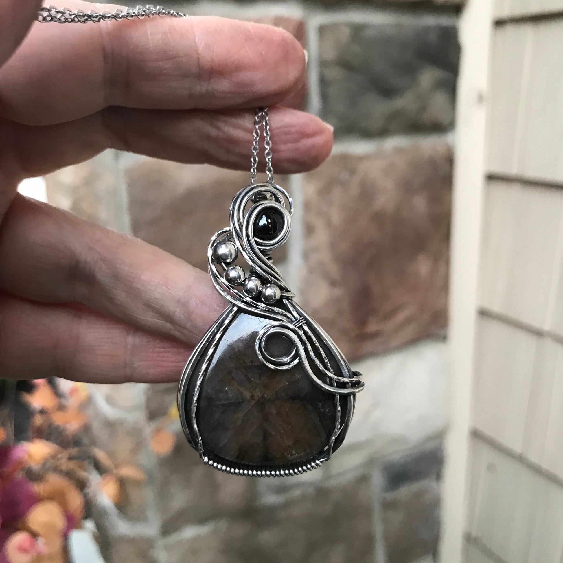 Chiastolite & Garnet Silver Pendant