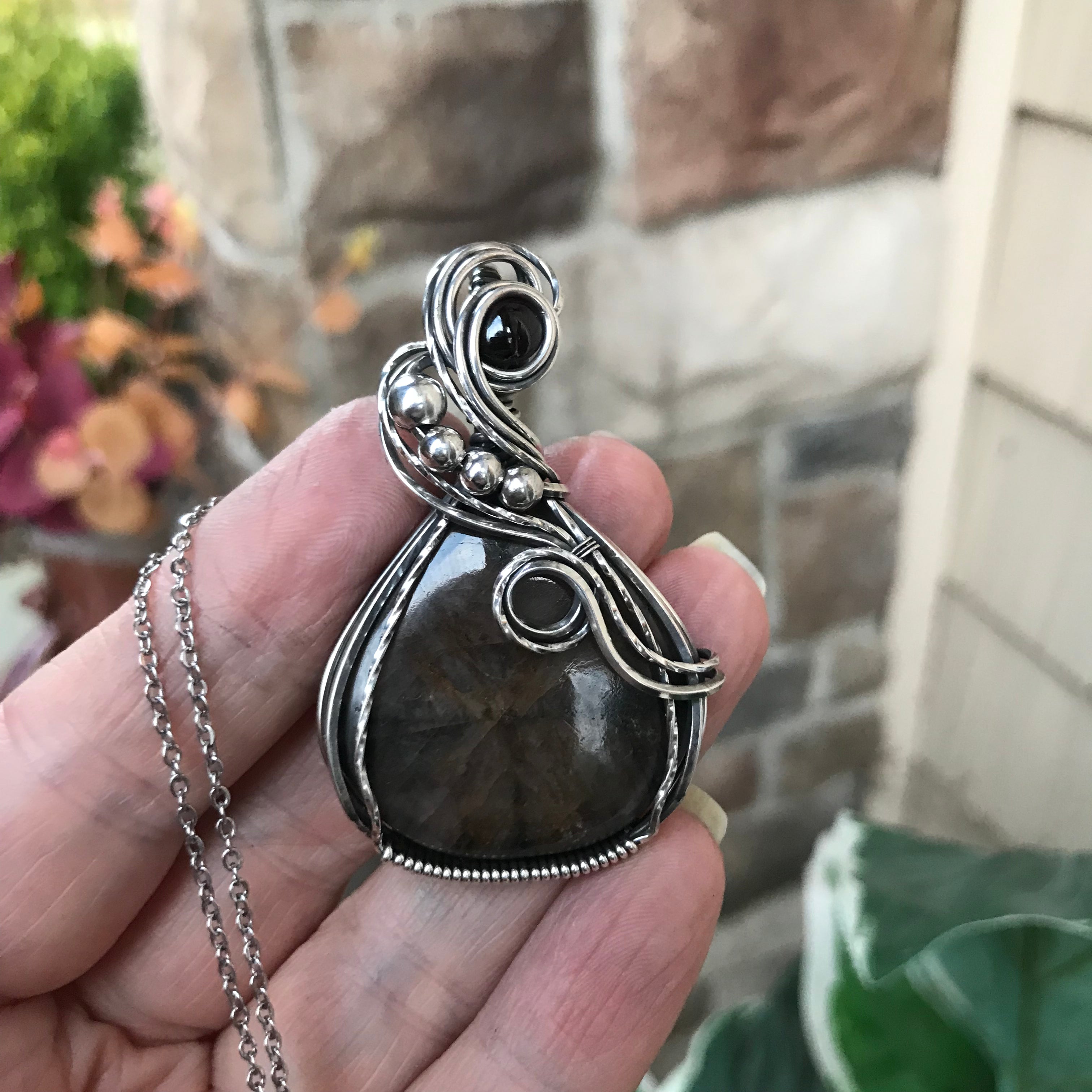 Chiastolite & Garnet Silver Pendant