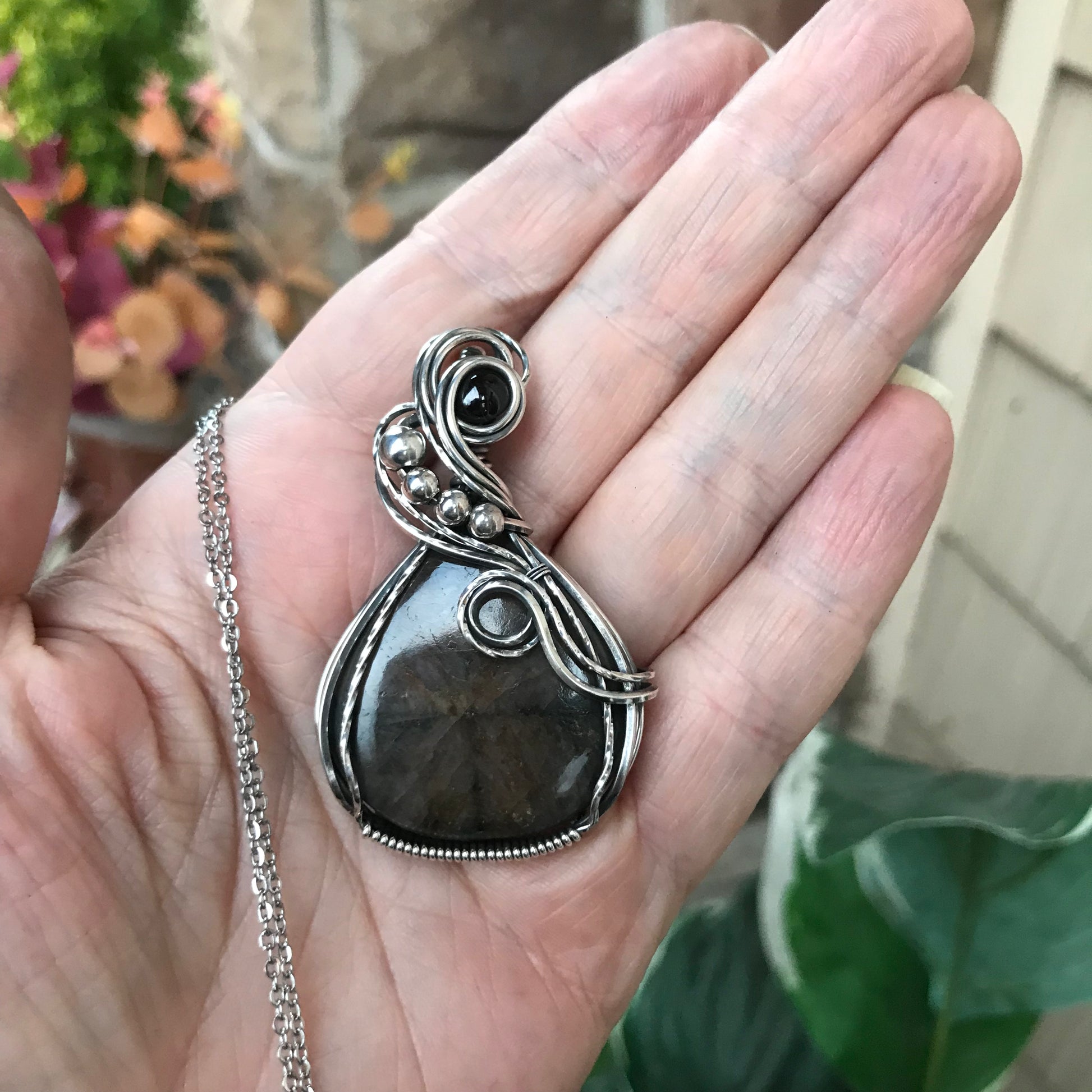 Chiastolite & Garnet Silver Pendant