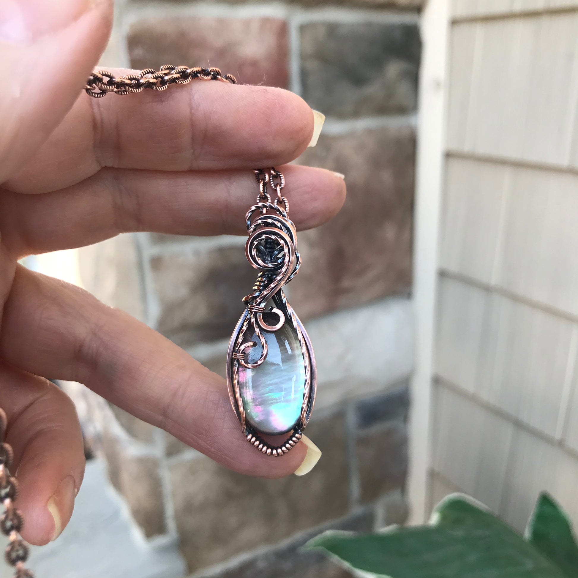 Mother of Pearl Crystal Quartz Doublet Oval Copper Necklace