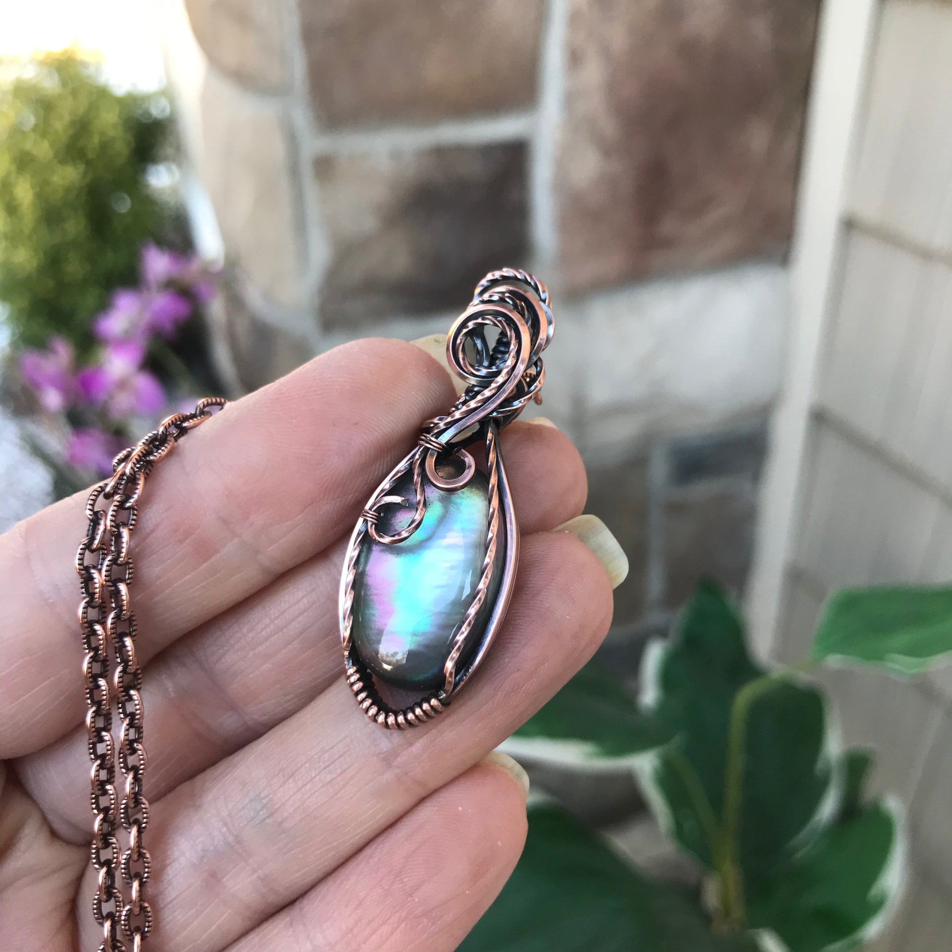 Mother of Pearl Crystal Quartz Doublet Oval Copper Necklace