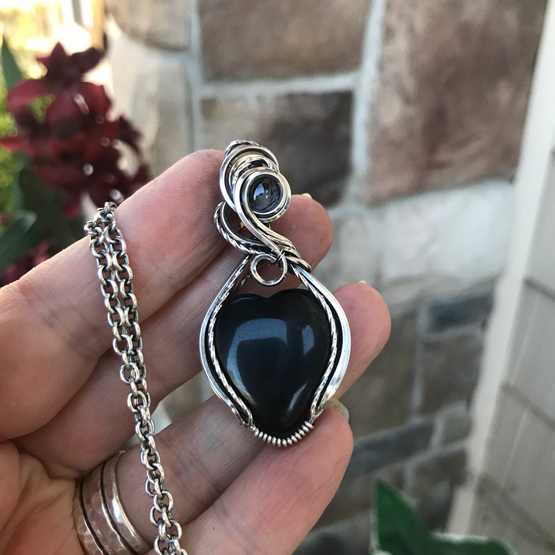 Custom Listing - Black Obsidian  & Black Rutile Quartz Accent Silver Pendant