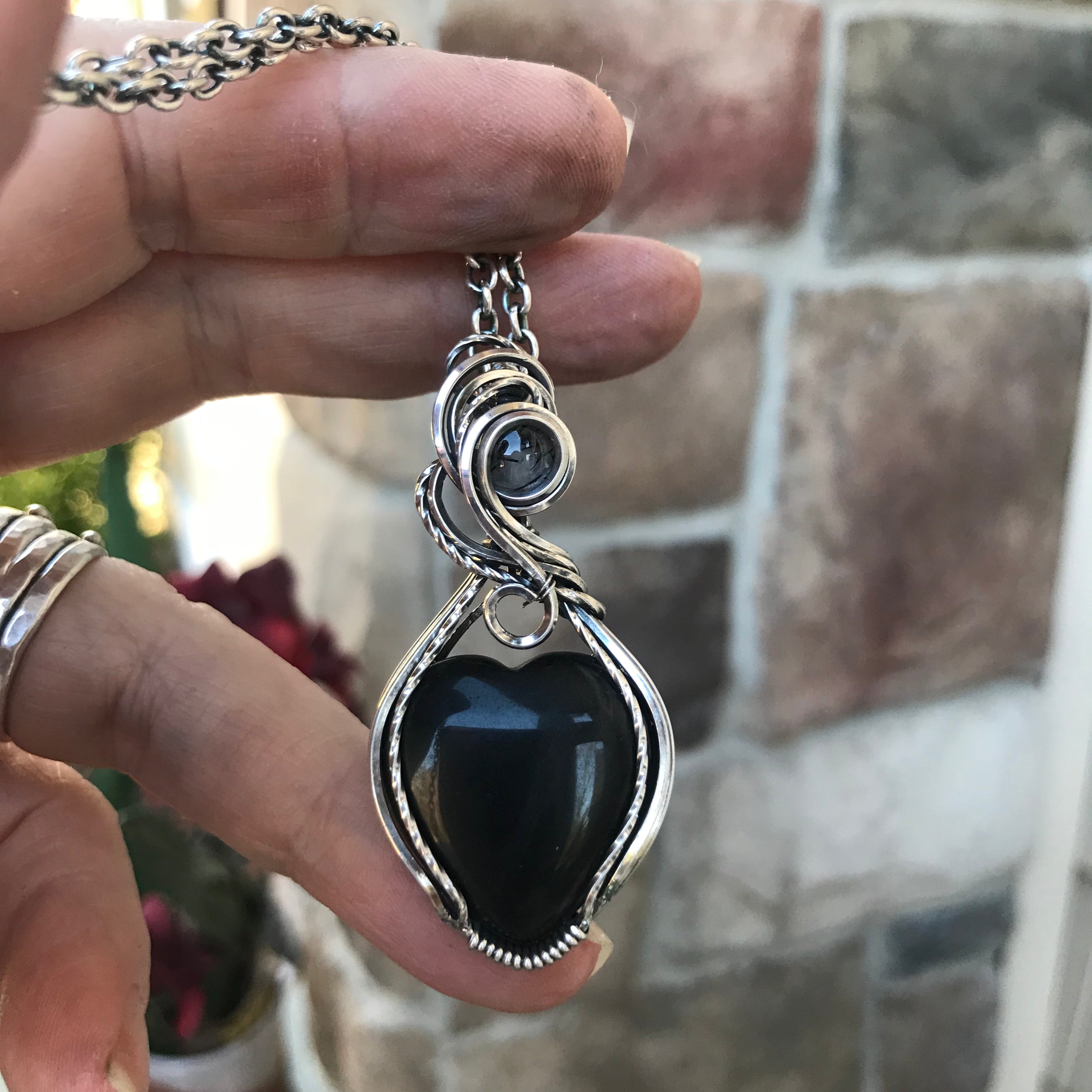 Custom Listing - Black Obsidian  & Black Rutile Quartz Accent Silver Pendant