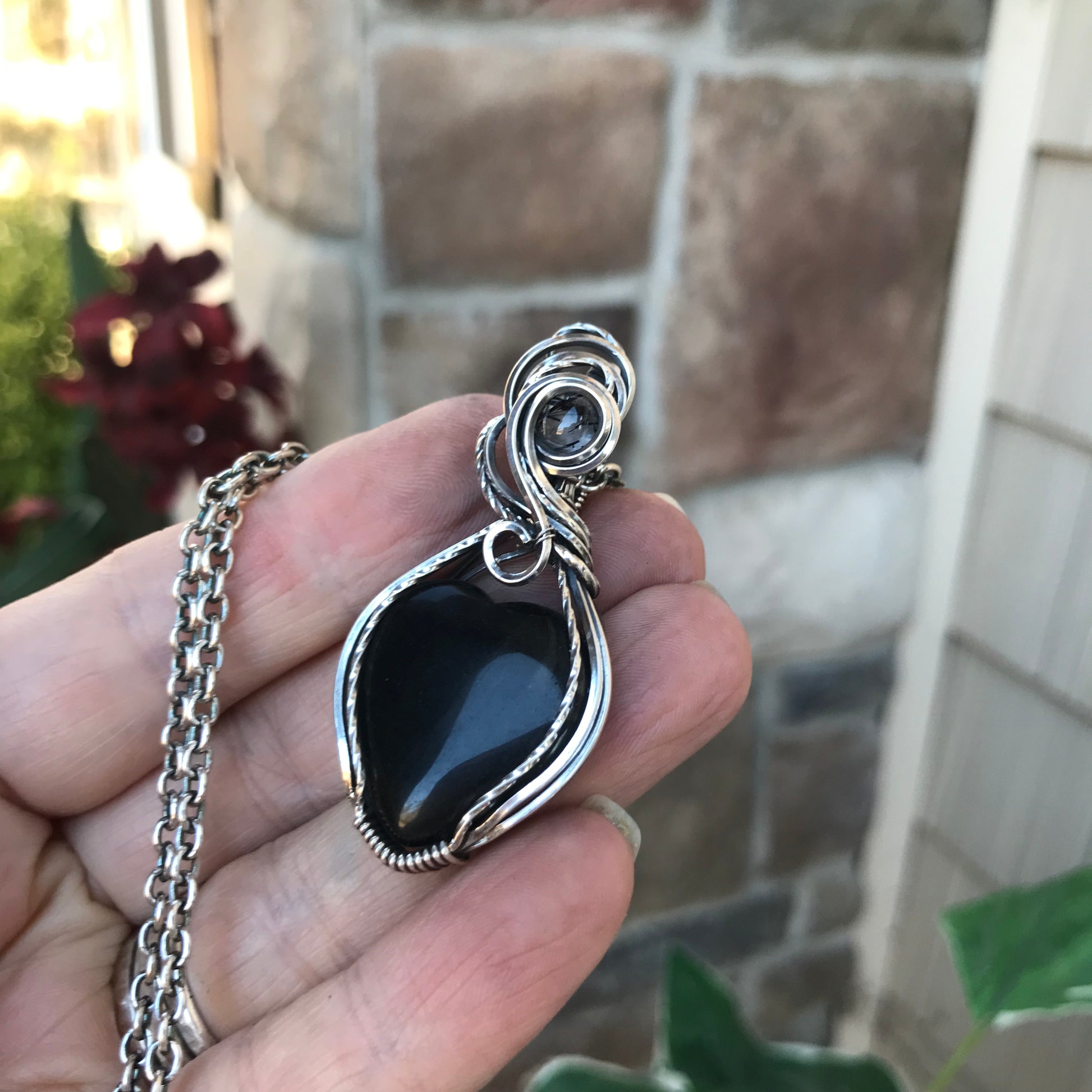 Custom Listing - Black Obsidian  & Black Rutile Quartz Accent Silver Pendant