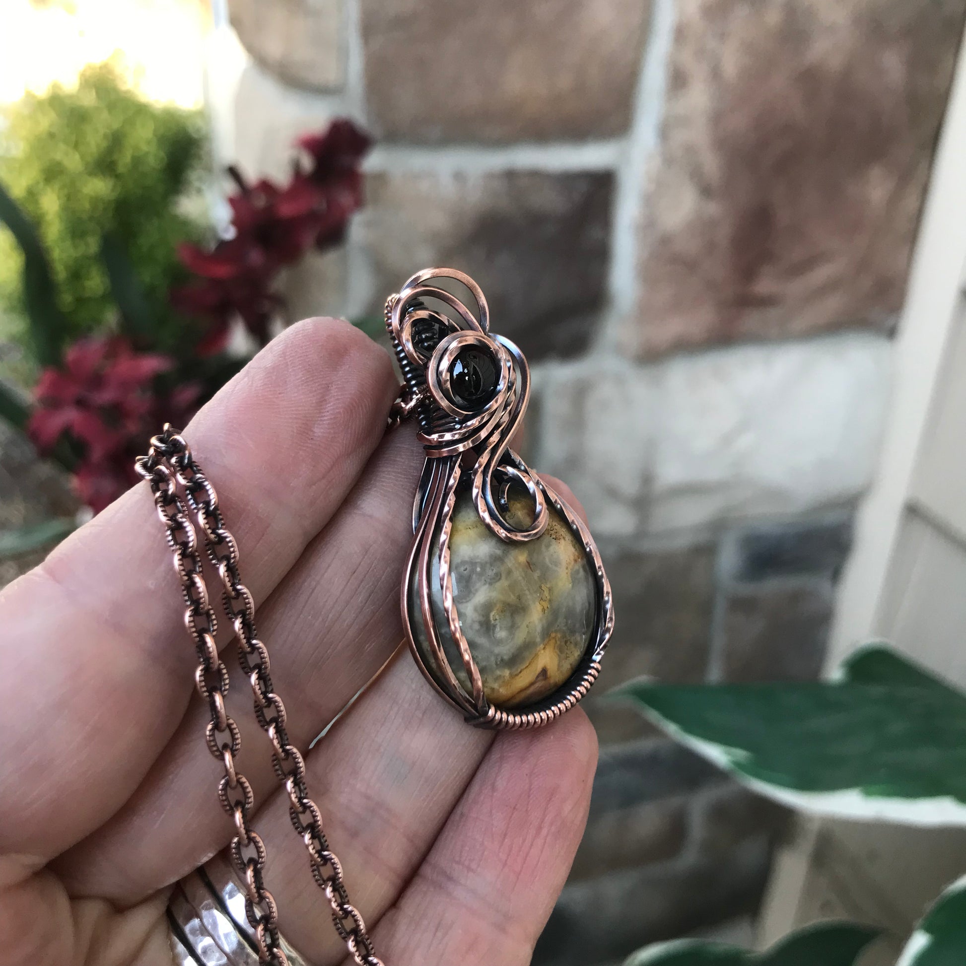 Crazy Lace Agate & Garnet Copper Necklace